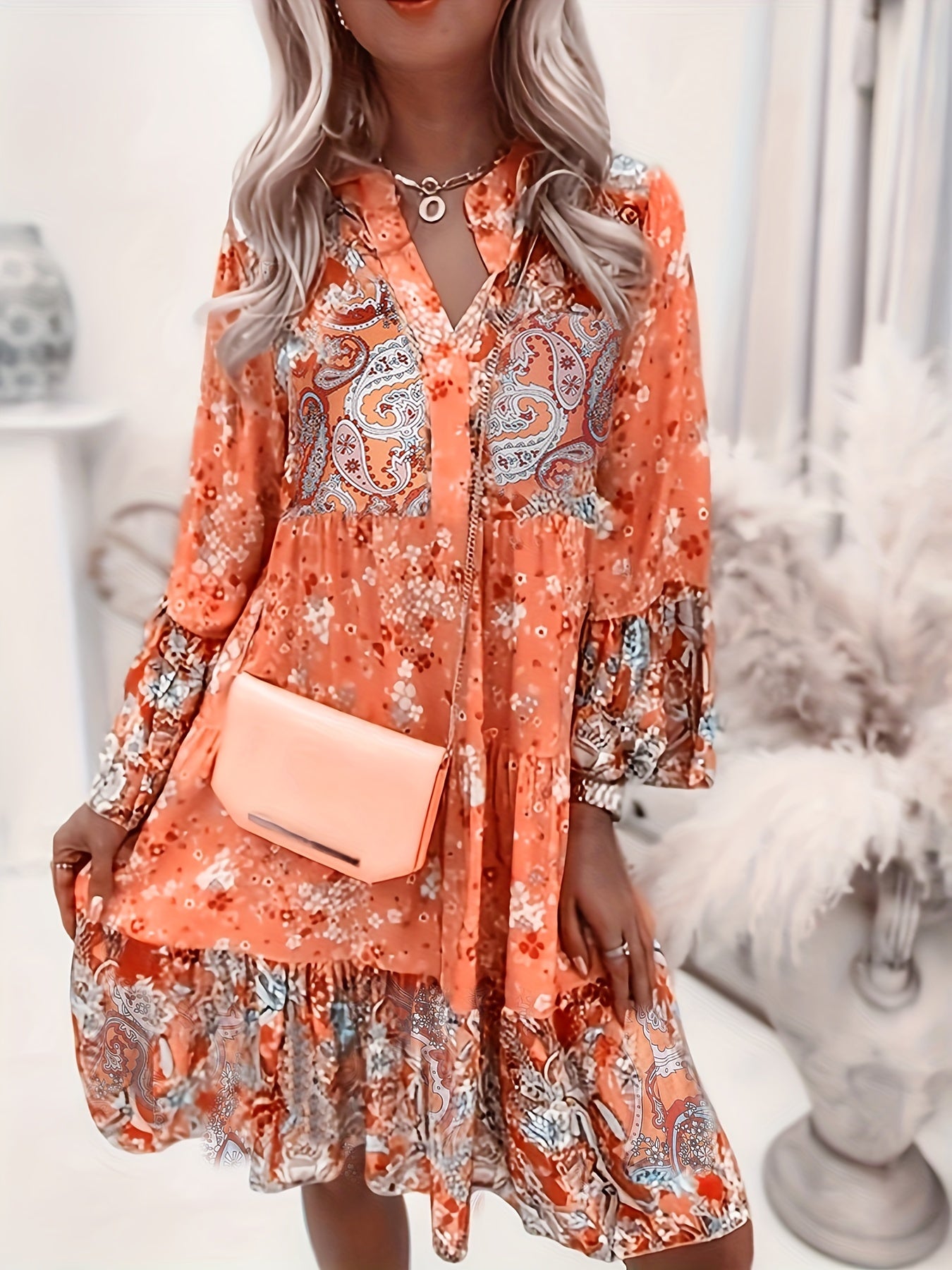 Sixsr Floral Print Ruffle Hem Dress, Boho Holiday Long Sleeve V-neck Dress, Women's Clothing