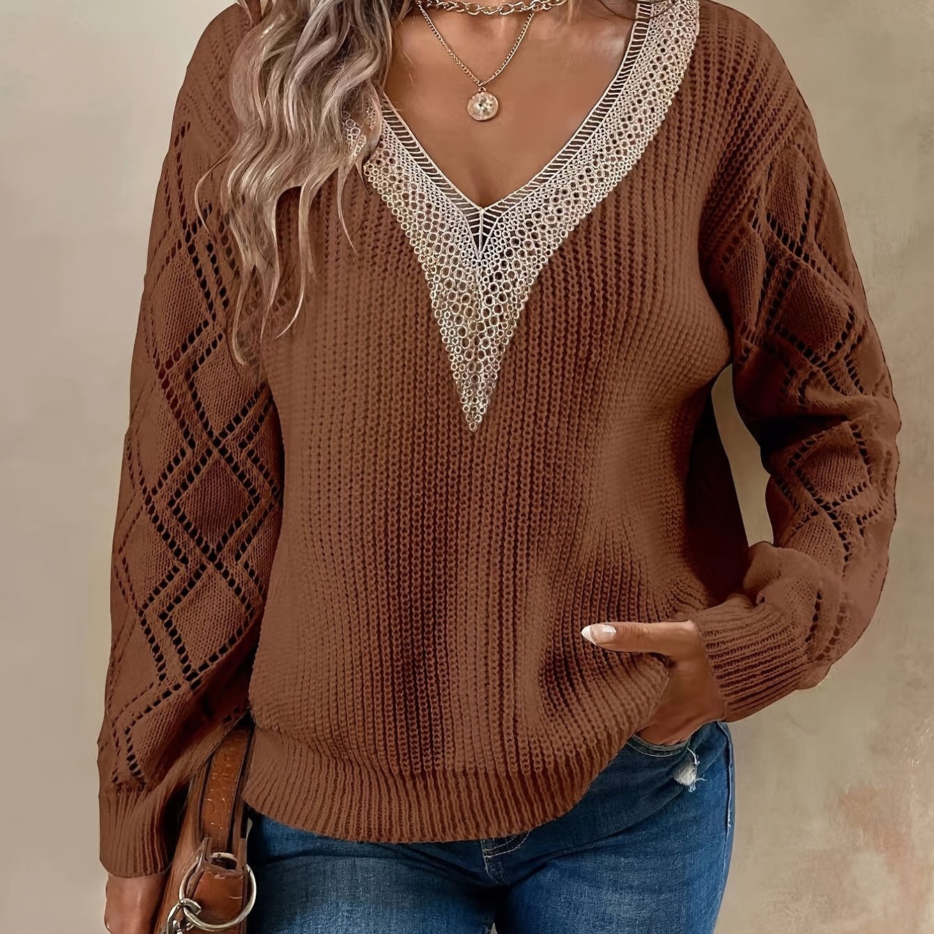 Sixsr Solid V Neck Knitted Sweater, Hollow Out Long Sleeve Casual Sweater For Fall & Winter, Women's Clothing