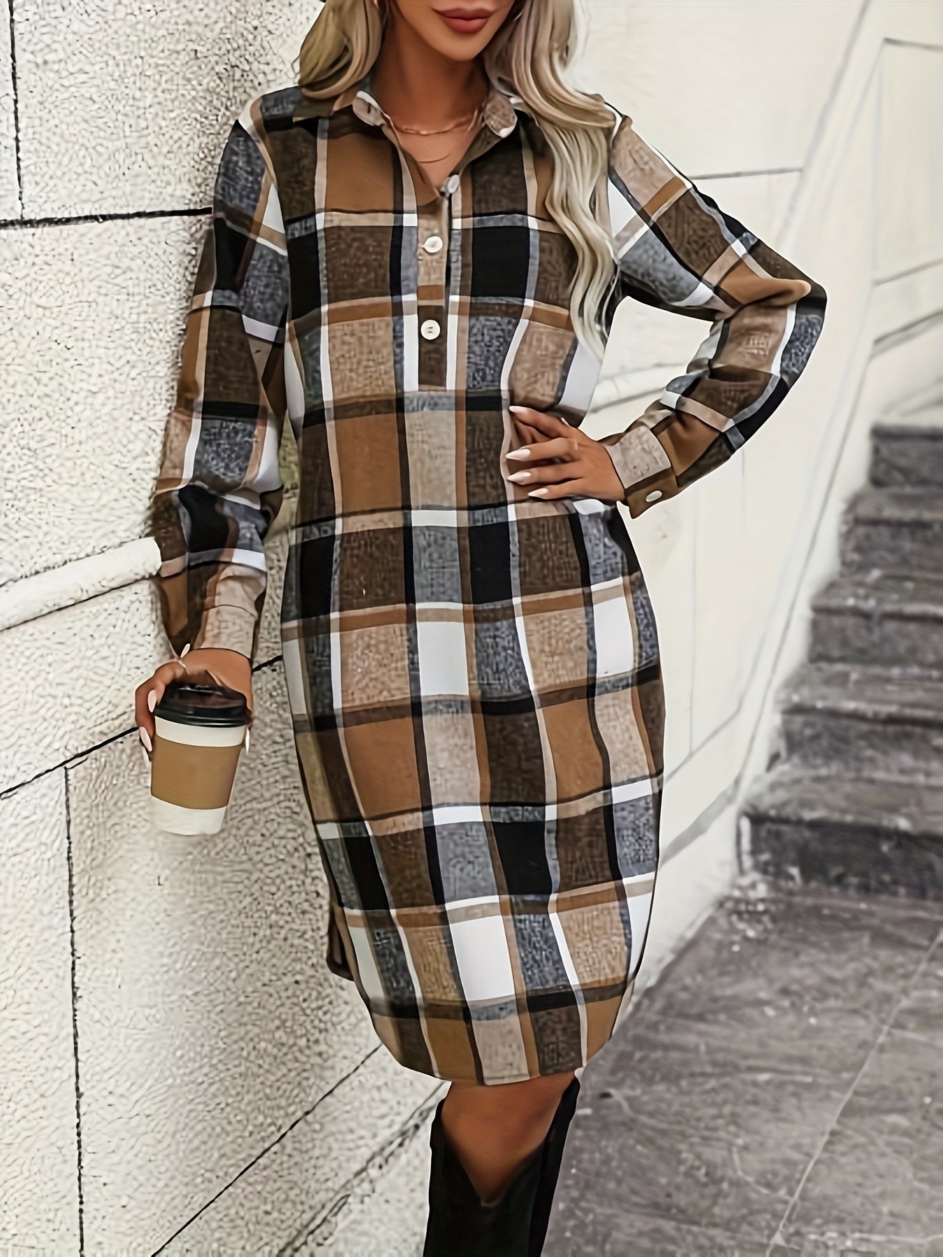 Sixsr Plaid Print Cuff Sleeve Button Dress, Casual Lapel Neck Dress For Spring & Fall, Women's Clothing