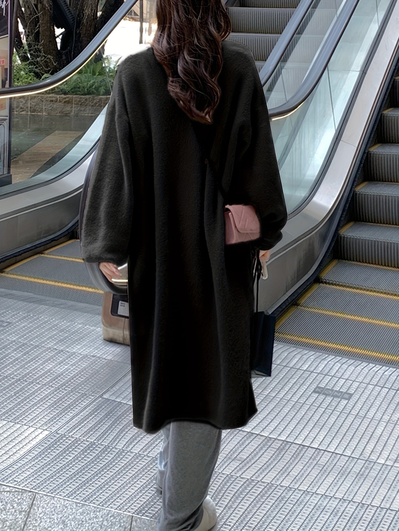 Sixsr Solid Open Front Loose Knit Cardigan, Elegant Long Sleeve Mid Length Comfy Sweater, Women's Clothing