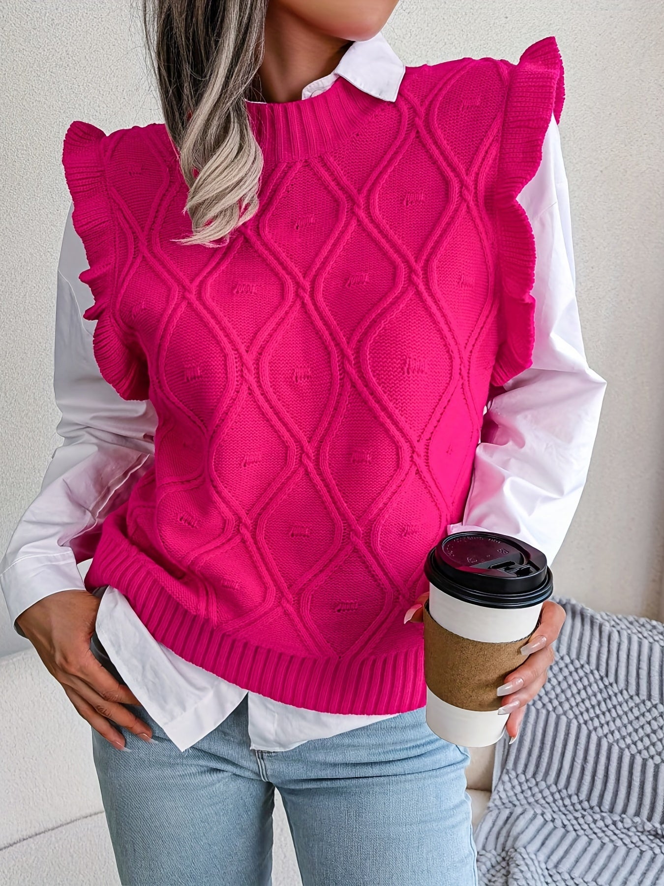 Sixsr Women's Ruffle Trim Sleeve Polo Neck Knit Tops, Elegant Fall Winter Sweatshirts, Women's Clothing