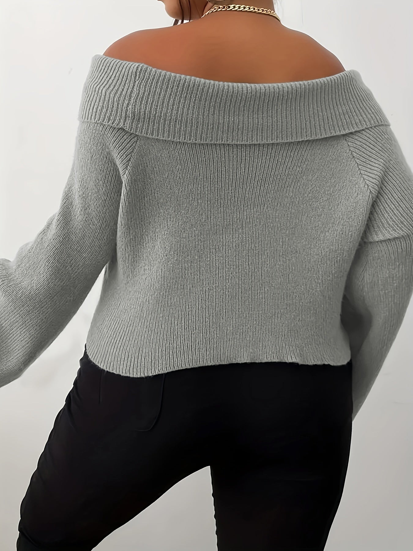 Sixsr Plus Size Casual Sweater, Women's Plus Solid Off Shoulder Bell Sleeve Slight Stretch Jumper