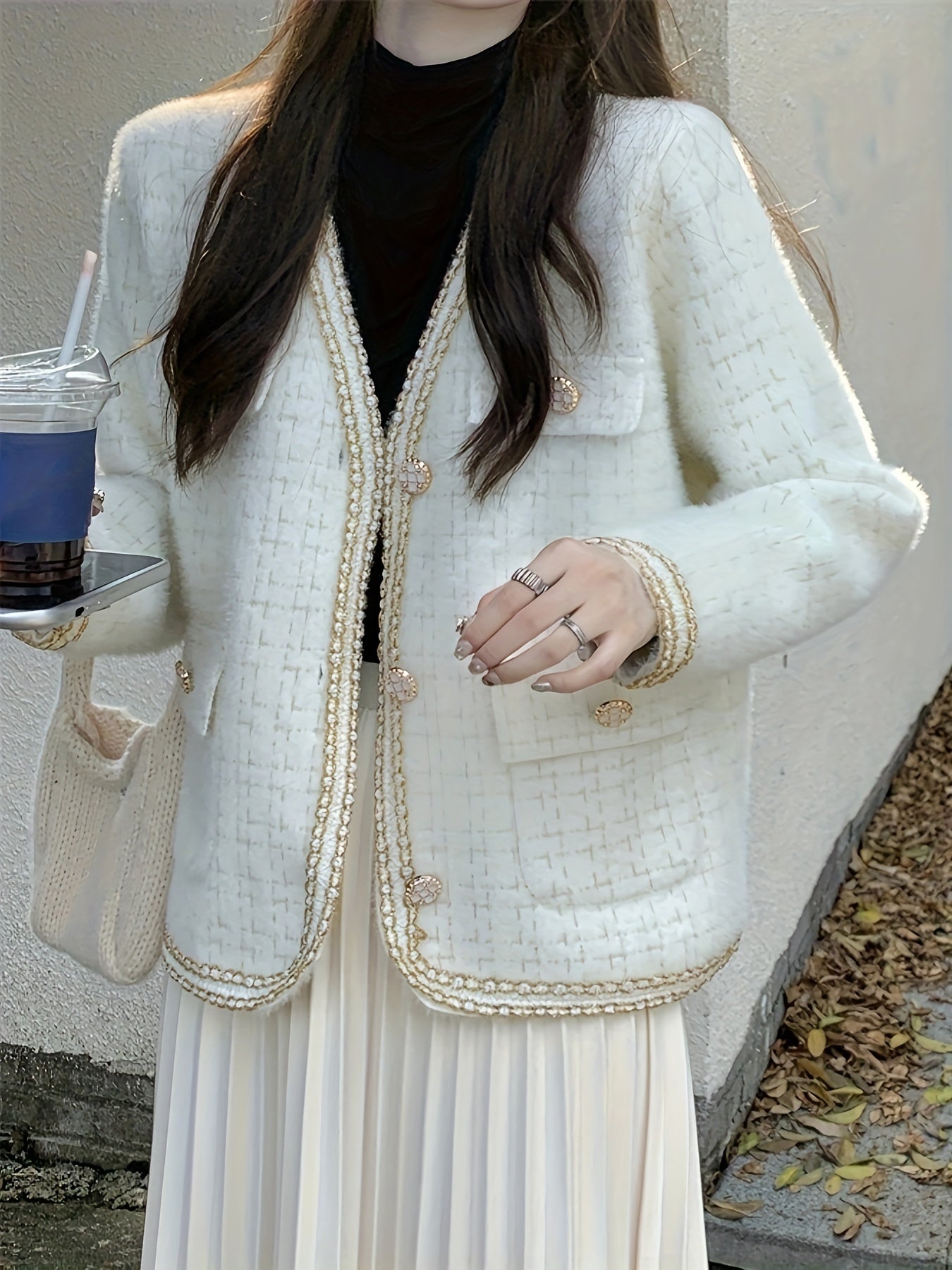 Sixsr Plaid Pattern Button Down Knit Cardigan, Elegant Long Sleeve Pocket Sweater Coat, Women's Clothing
