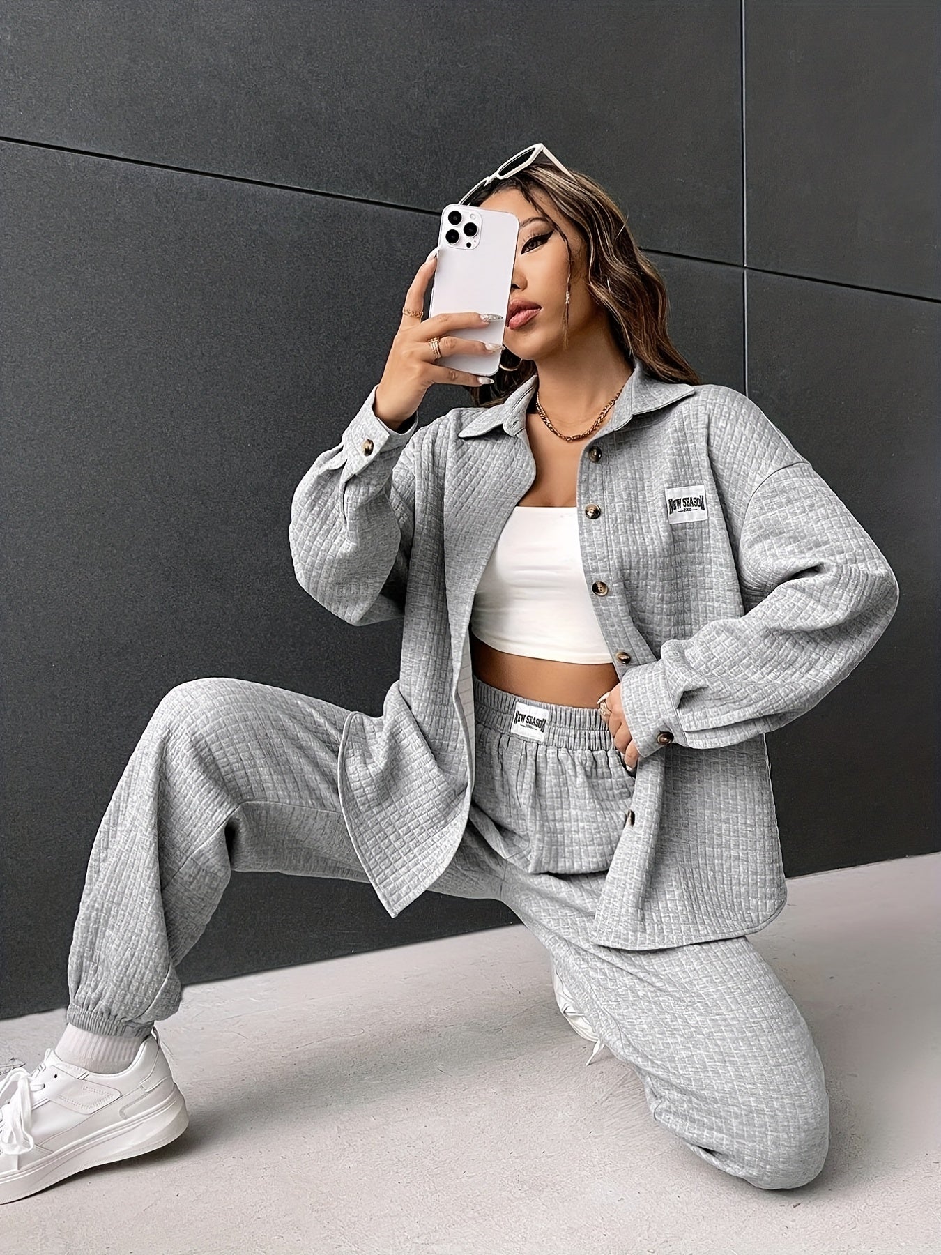 Sixsr Solid Casual Two-piece Set, Button Front Long Sleeve Shirt & Elastic Waist Jogger Pants Outfits, Women's Clothing