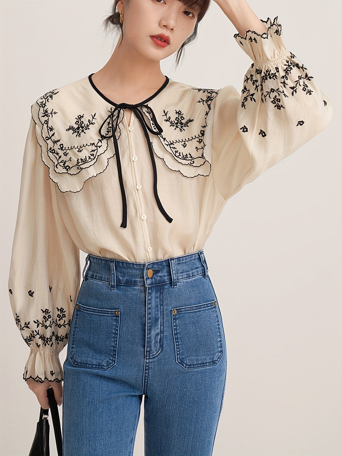 Sixsr Floral Embroidered Button Up Doll Collar Blouse, Long Sleeve Tie Neck Elegant Blouse, Women's Clothing