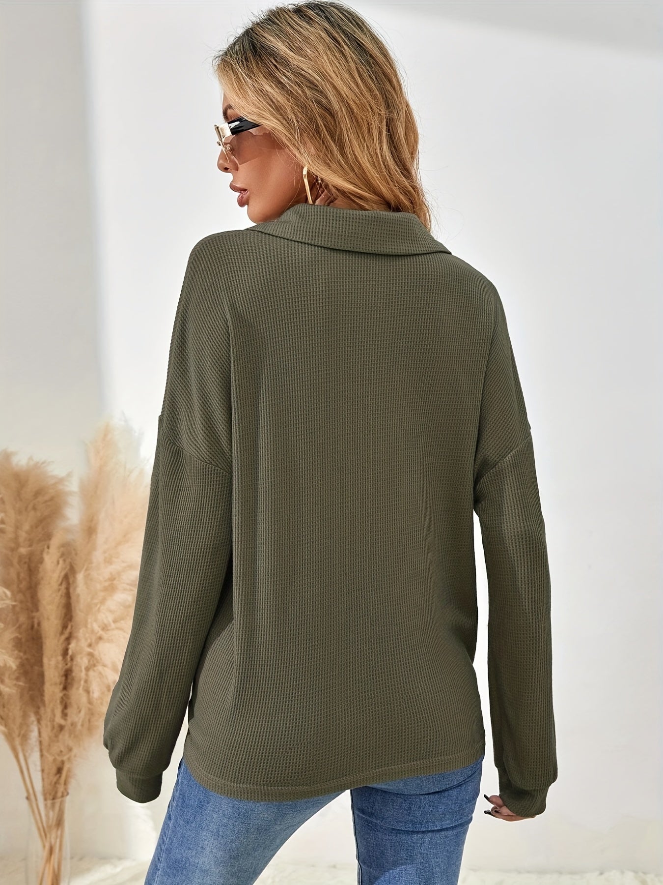 Sixsr Textured Half Button Pullover Sweatshirt, Casual Long Sleeve Lapel Sweatshirt For Fall & Winter, Women's Clothing