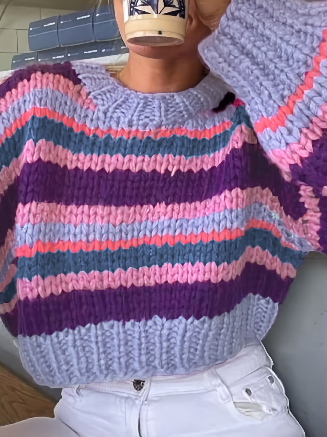 Sixsr Y2K Striped Crew Neck Crop Sweater, Long Sleeve Drop Shoulder Sweater, Women's Clothing
