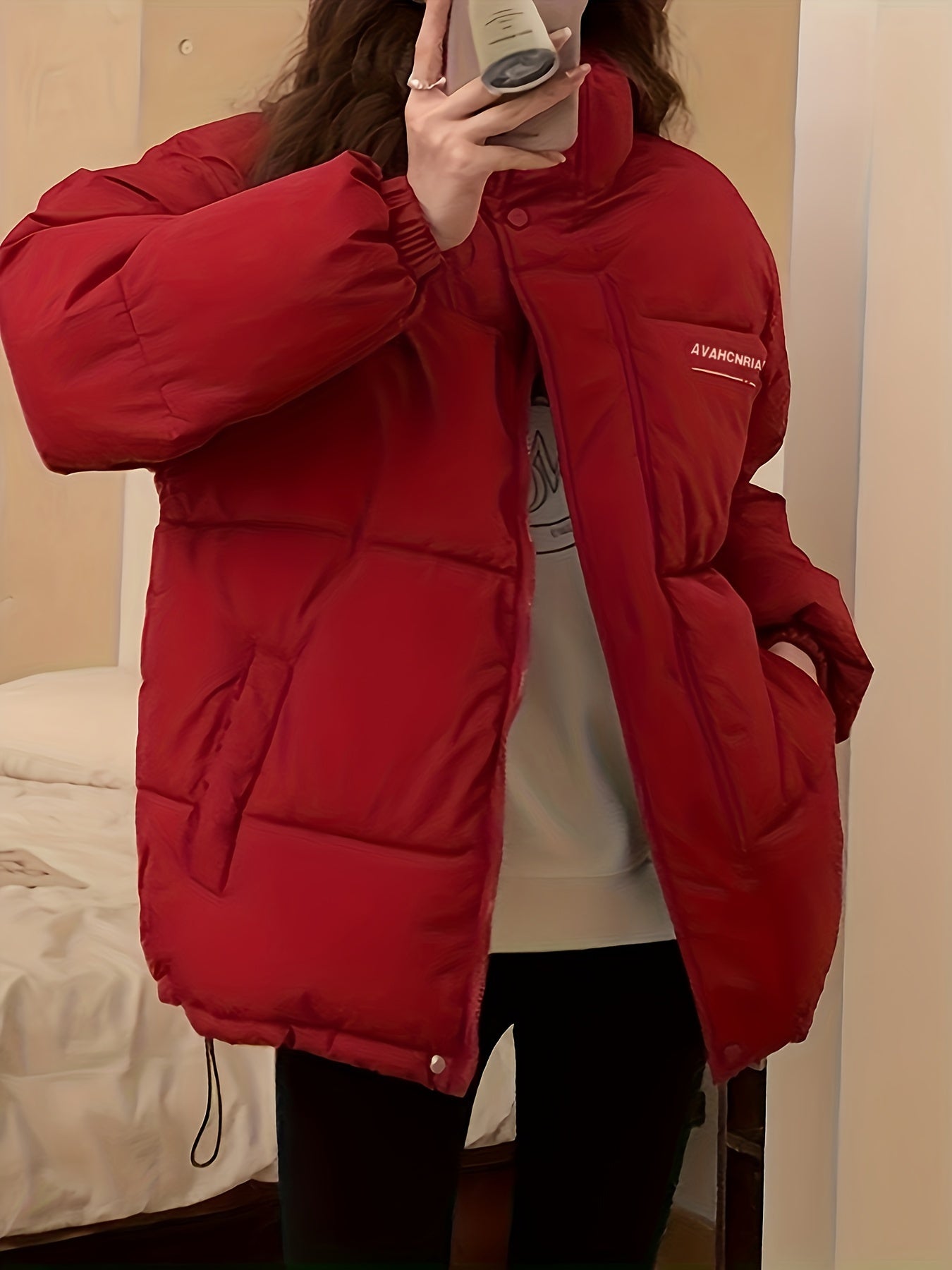 Sixsr Zip Up Letter Print Puffy Coat, Long Sleeve Slant Pockets Outwear For Winter, Women's Clothing