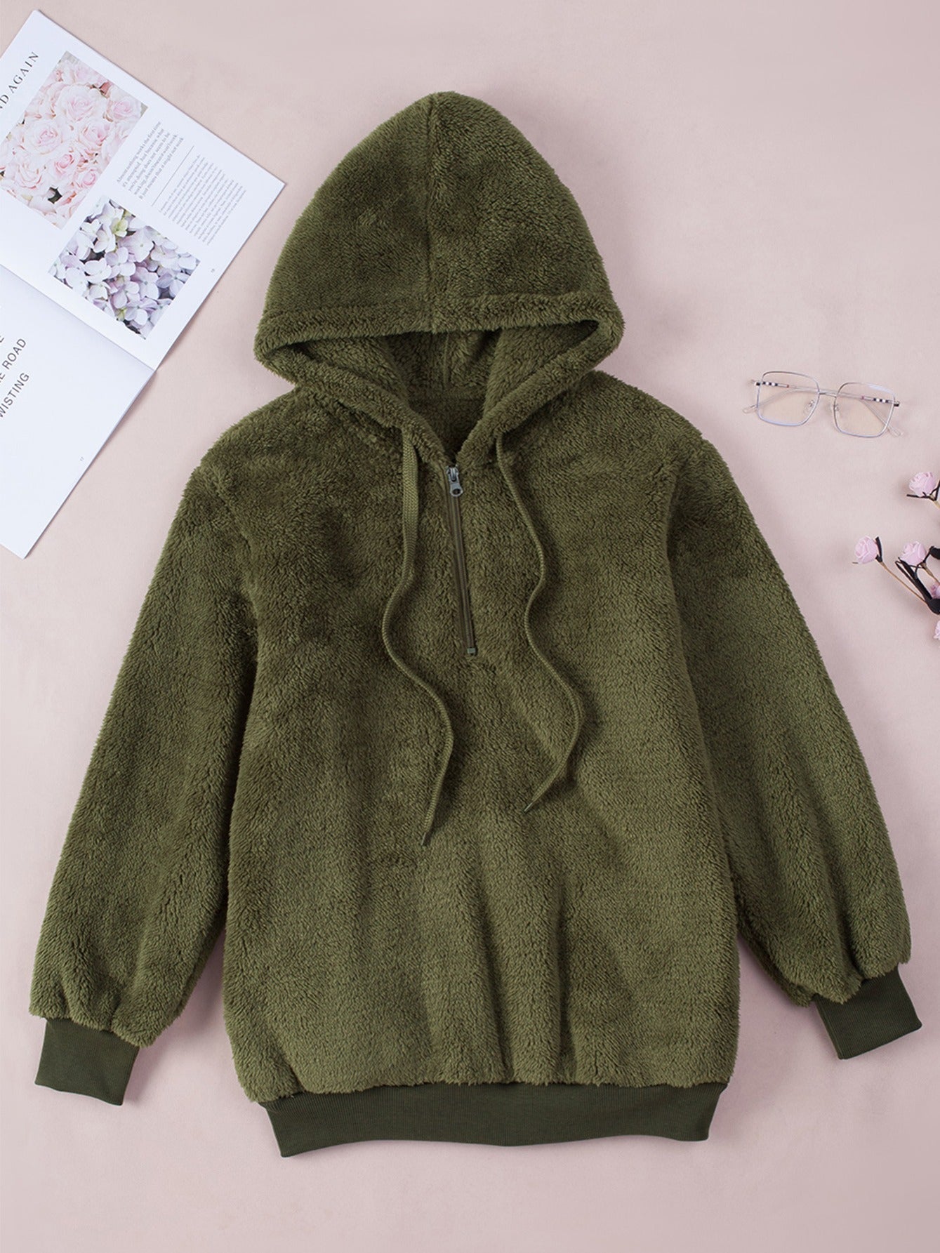 Sixsr Casual Drop Shoulder Drawstring Teddy Hoodie, Women's Solid Long Sleeve Half Zipper Sweatshirt Top