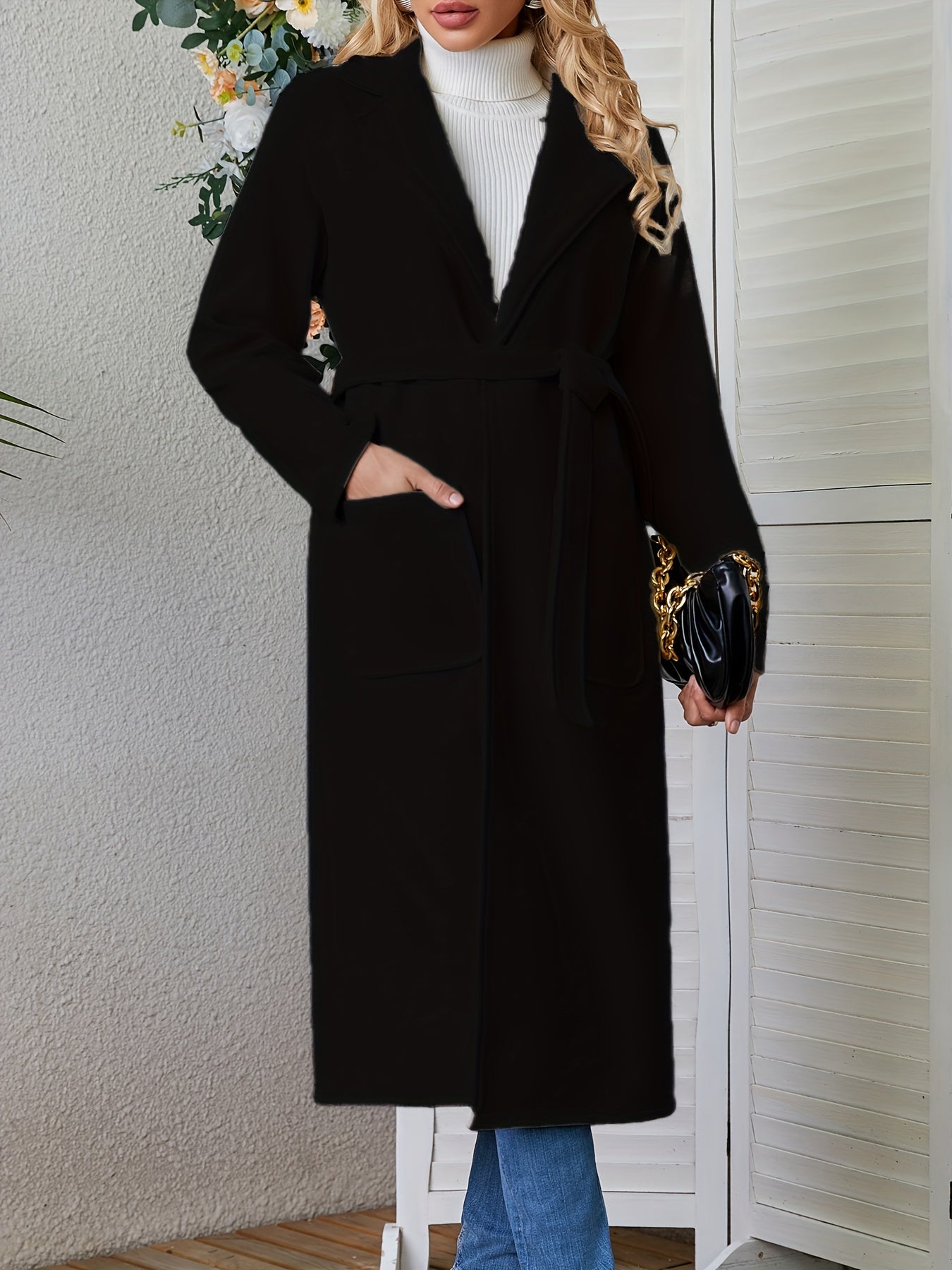 Sixsr Solid Lapel Mid Length Overcoat, Casual Open Front Long Sleeve Outerwear With Pockets, Women's Clothing