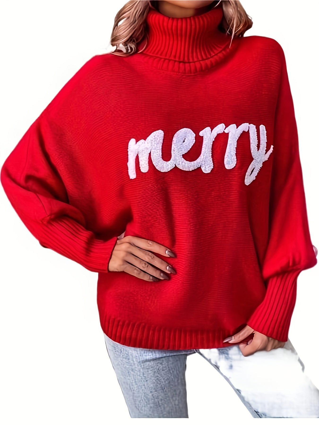 Sixsr Plus Size Casual Sweater, Women's Plus Letter Patch Bat Sleeve Turtle Neck Pullover Sweater