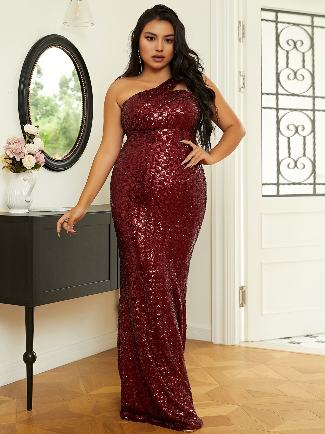 Sixsr Plus Size Prom Dress, Women's Plus One Shoulder Sequins Mermaid Hem Slim Fit Party Dress