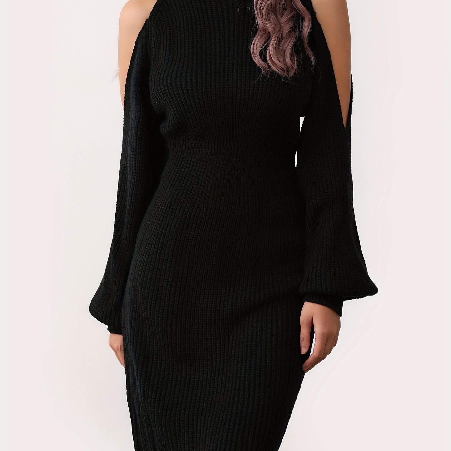 Sixsr Cold Shoulder Lantern Sleeve Dress, Elegant Solid Bodycon Dress, Women's Clothing