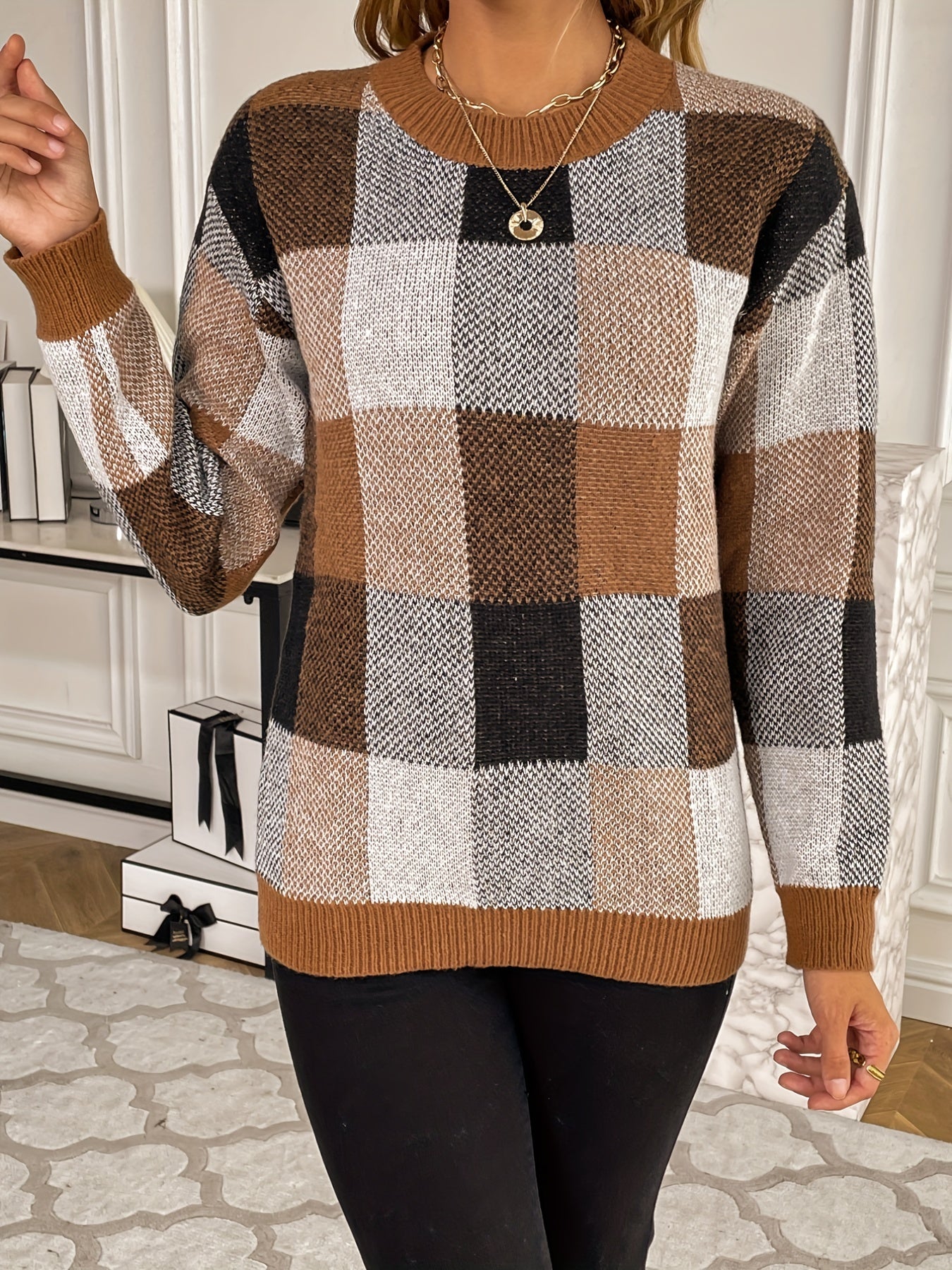 Sixsr Plaid Pattern Crew Neck Pullover Sweater, Casual Long Sleeve Sweater For Fall & Winter, Women's Clothing