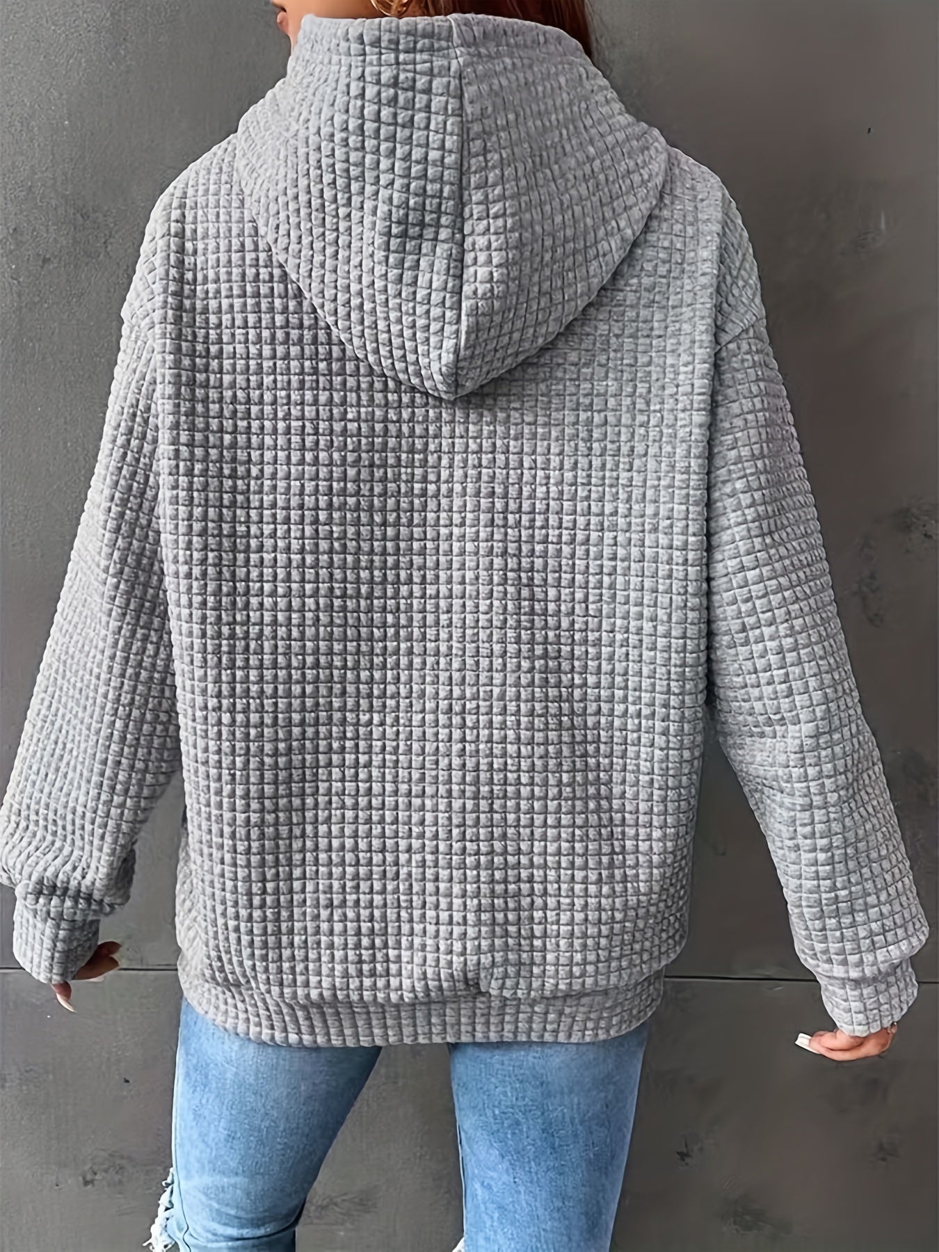 Sixsr Plus Size Casual Sweatshirt, Women's Plus Solid Jacquard Long Sleeve Drawstring Hooded Sweatshirt With Kangaroo Pockets, Casual Tops For Fall & Winter, Plus Size Women's Clothing