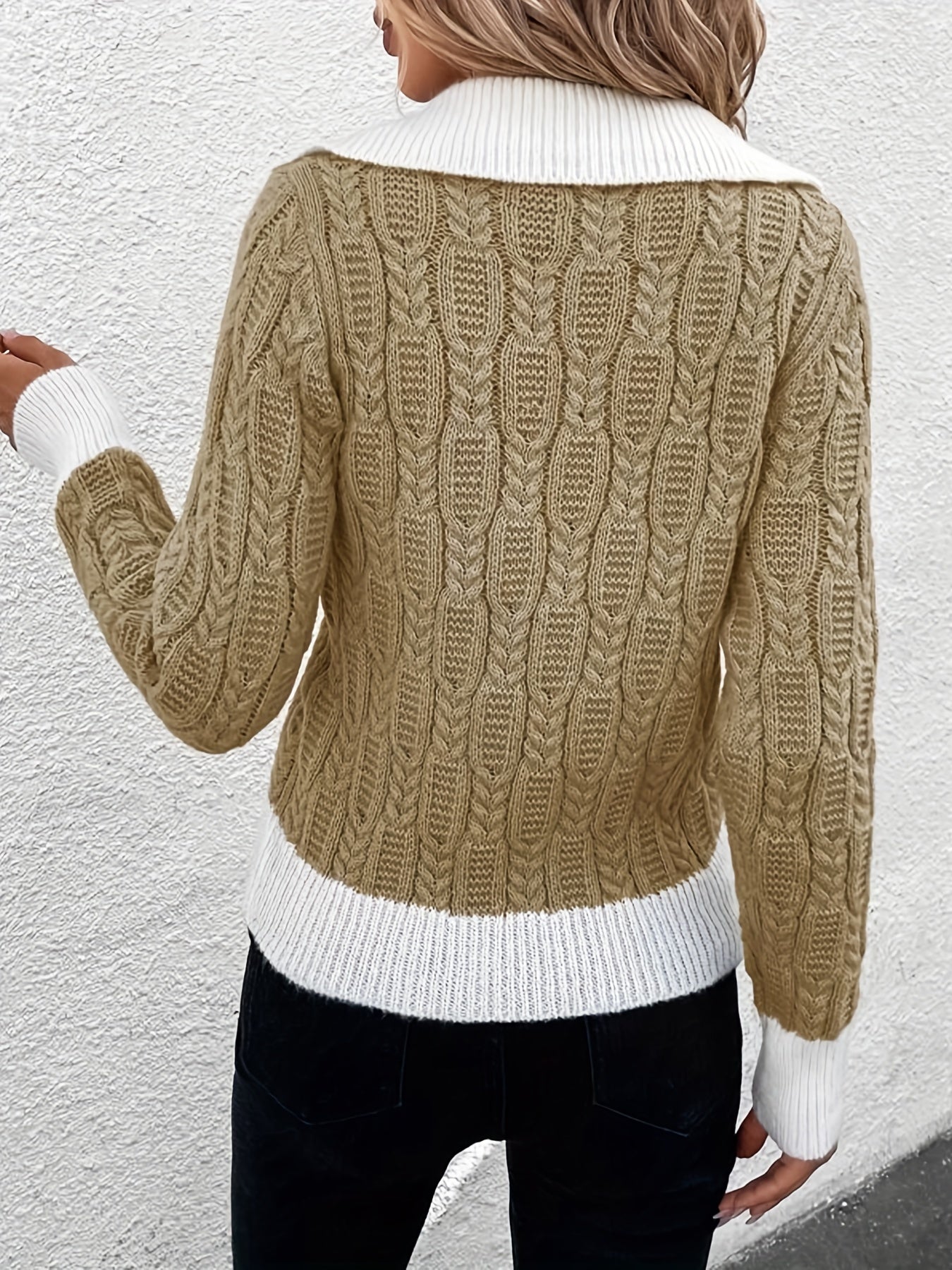 Sixsr Plus Size Casual Sweater, Women's Plus Contrast Trim Cable Knit Long Sleeve Lapel Collar Pullover Jumper