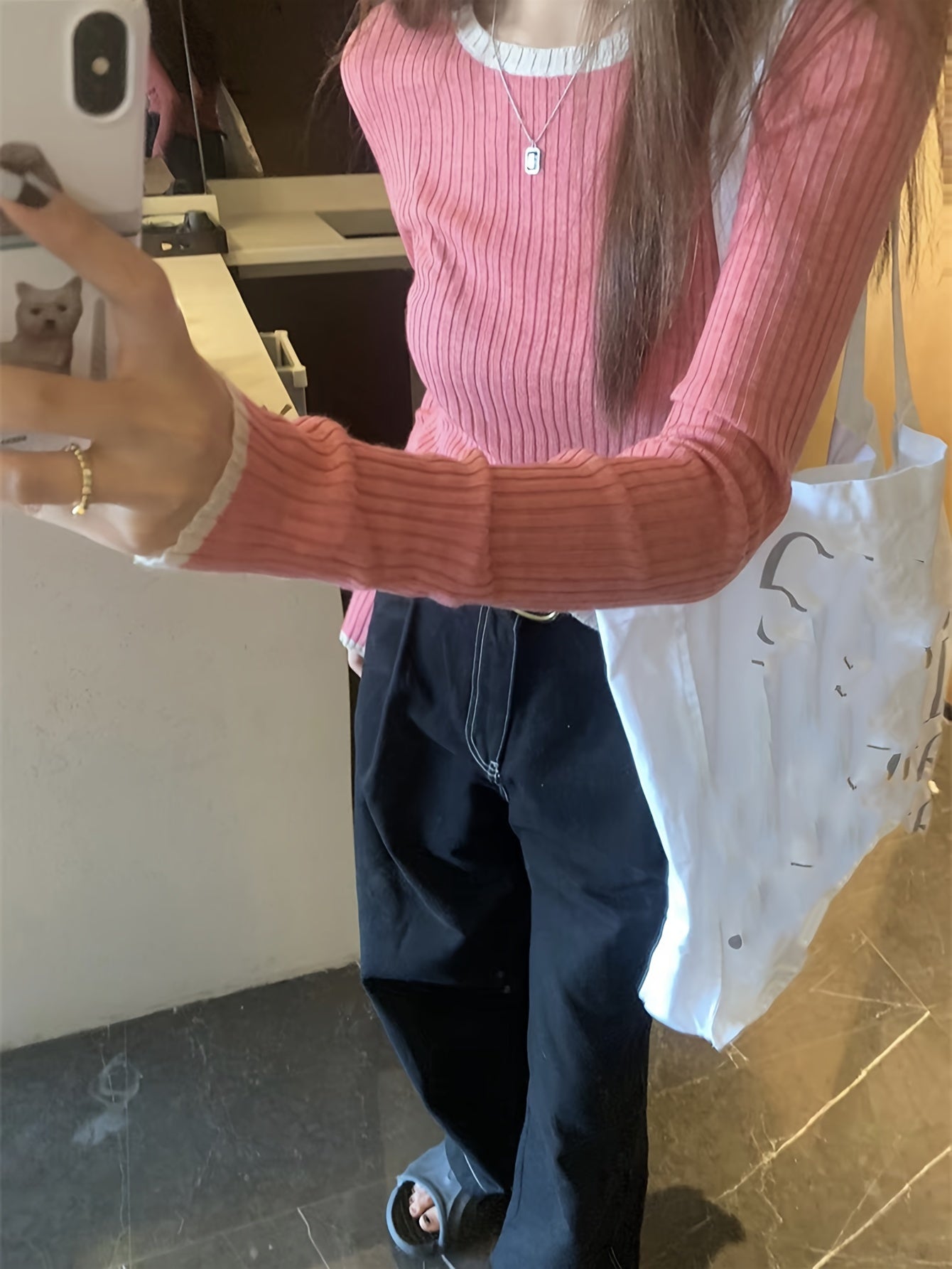 Sixsr Contrast Trim Crew Neck Knitted Top, Casual Long Sleeve Inner Wear Slim Pullover Sweater, Women's Clothing