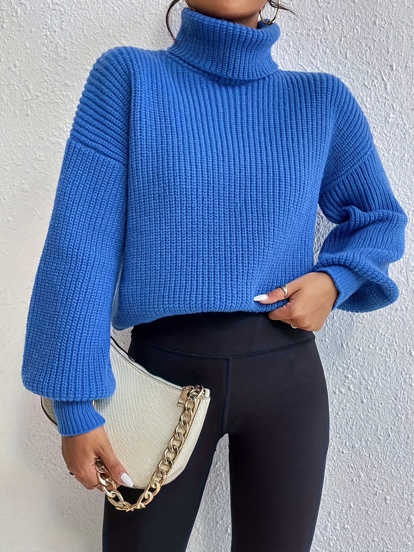 Sixsr Solid Turtle Neck Sweater, Casual Long Sleeve Drop Shoulder Sweater, Women's Clothing