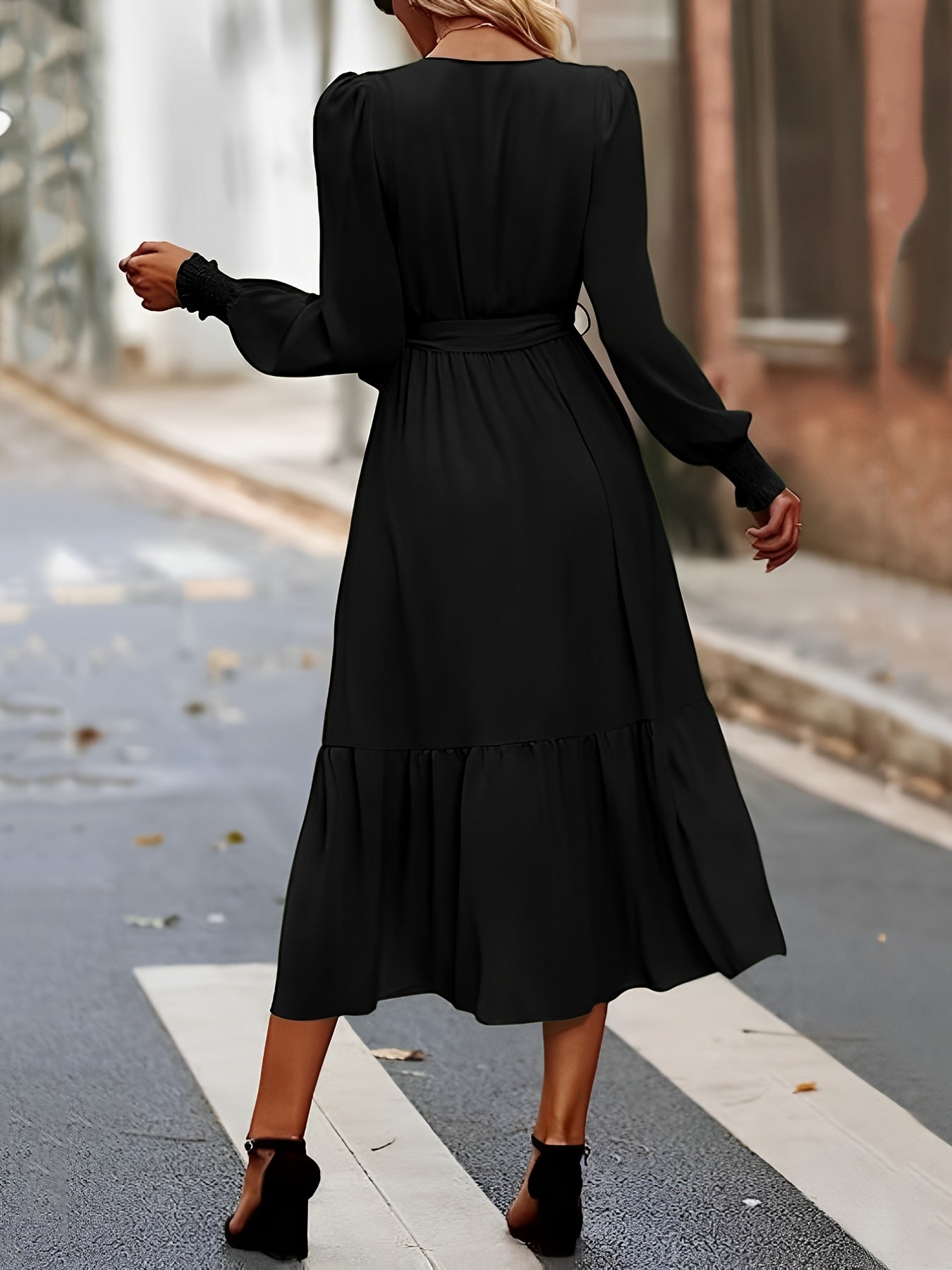 Sixsr Surplice Neck Solid Dress, Casual Long Sleeve Ruffle Hem Dress, Women's Clothing