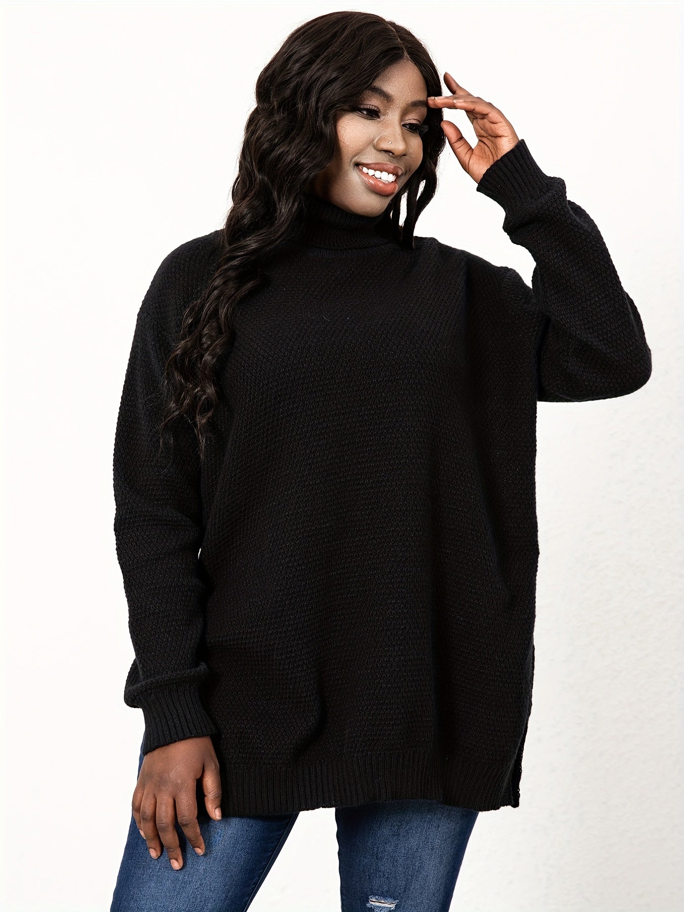 Sixsr Plus Size Turtle Neck Knit Side Slit Sweater, Women's Plus Solid High Stretch Elegant Sweater