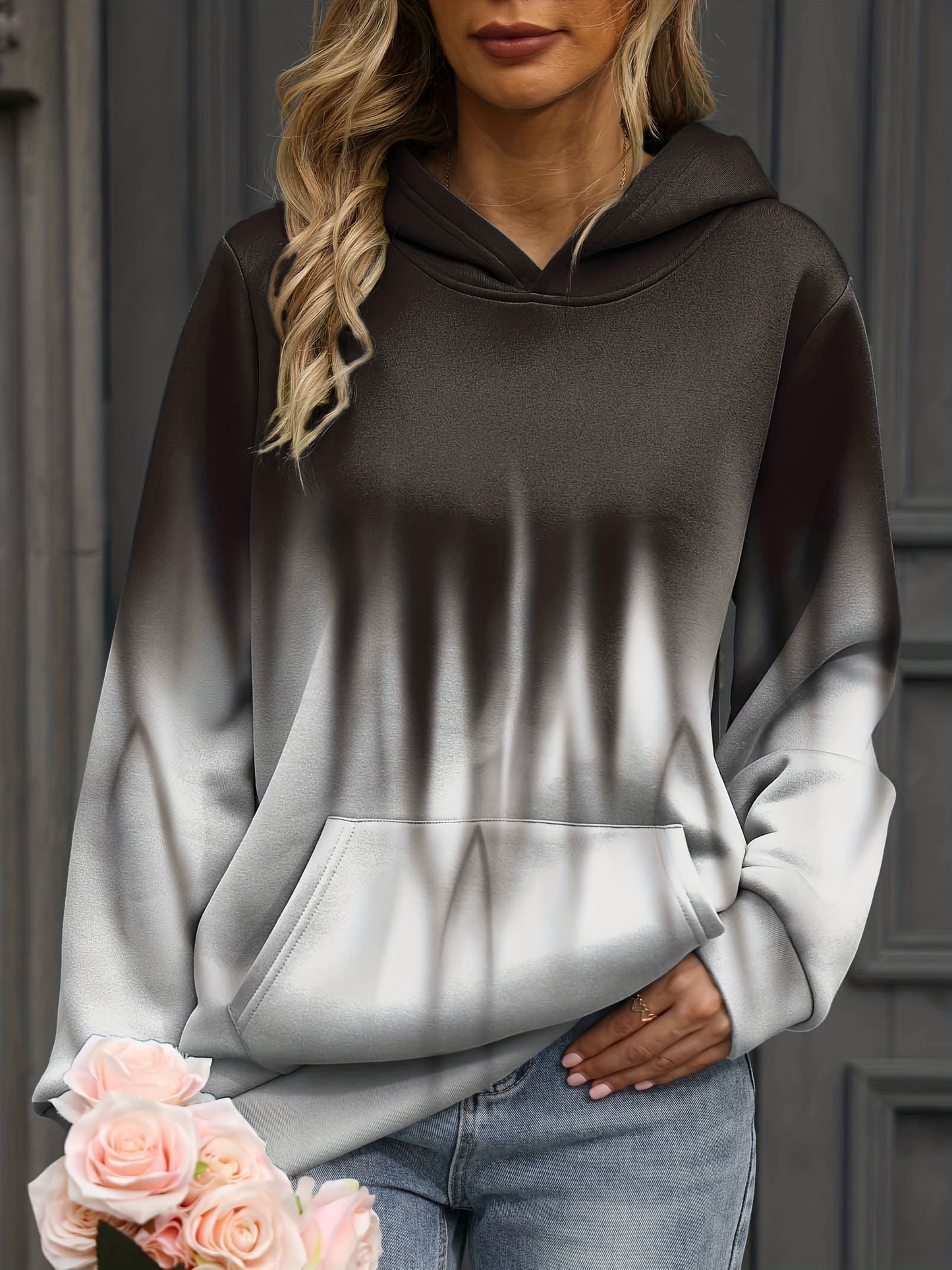 Sixsr Plus Size Casual Sweatshirt, Women's Plus Ombre Print Long Sleeve Slight Stretch Hoodie With Kangaroo Pocket