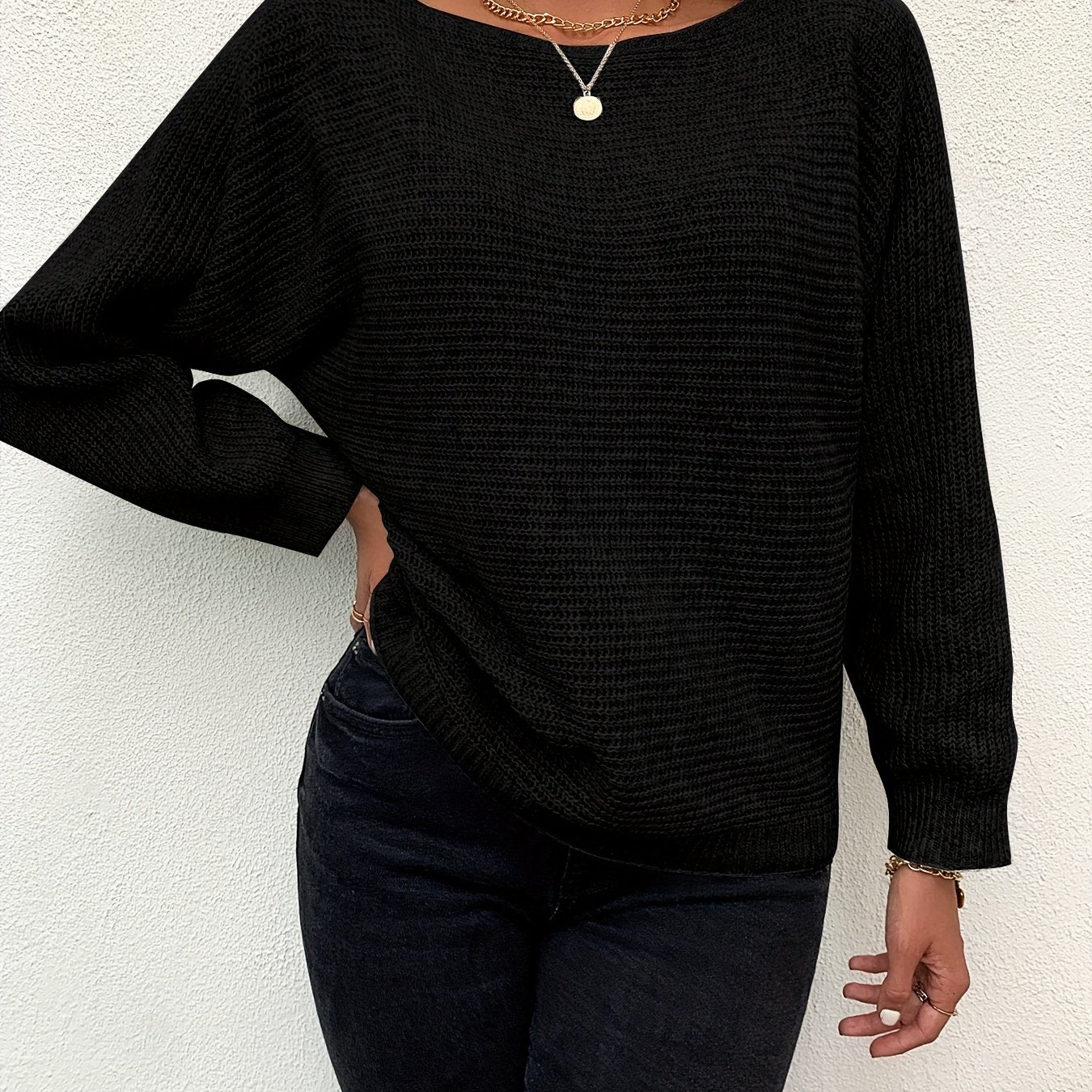 Sixsr Solid Boat Neck Knit Bat Sleeve Sweater, Casual Long Sleeve Versatile Sweater, Women's Clothing