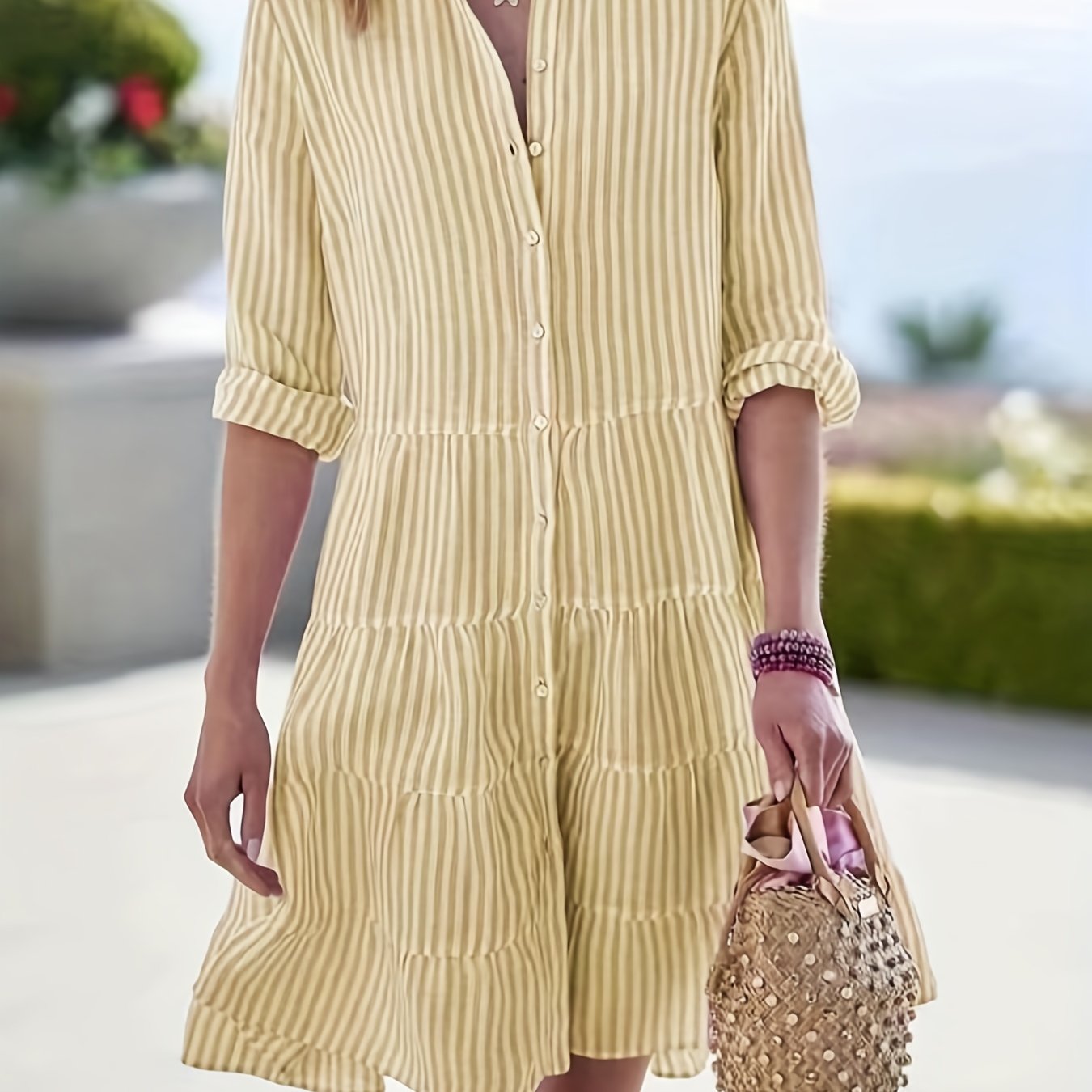 Sixsr Striped Ruffle Layered Hem Shirt Dress, Casual Button Long Sleeve Tiered Dress, Women's Clothing