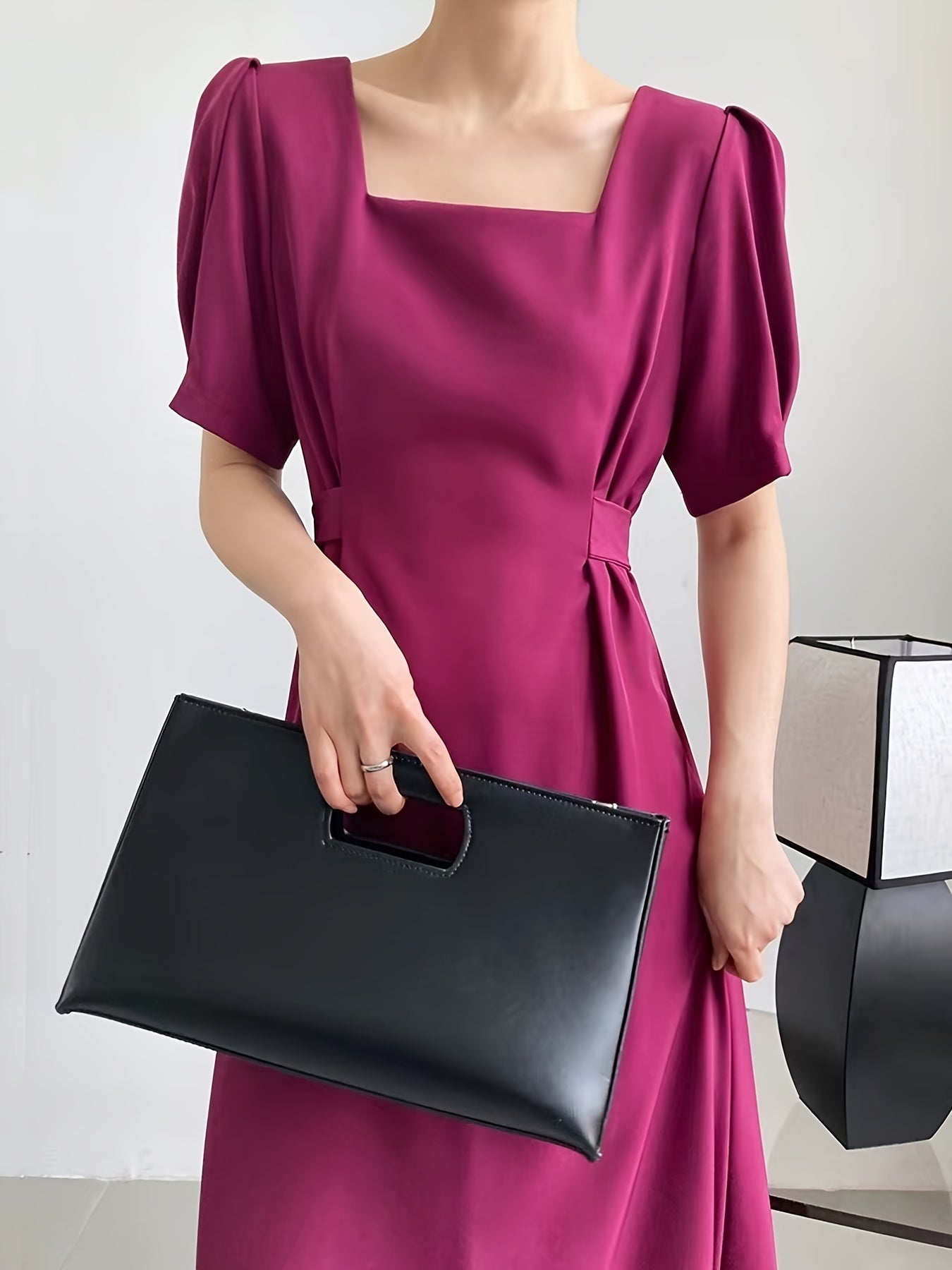Sixsr Solid Squared Neck Short Sleeve Tie Back Dress, Elegant Ruffled Hem Stylish Maxi Dress, Women's Clothing