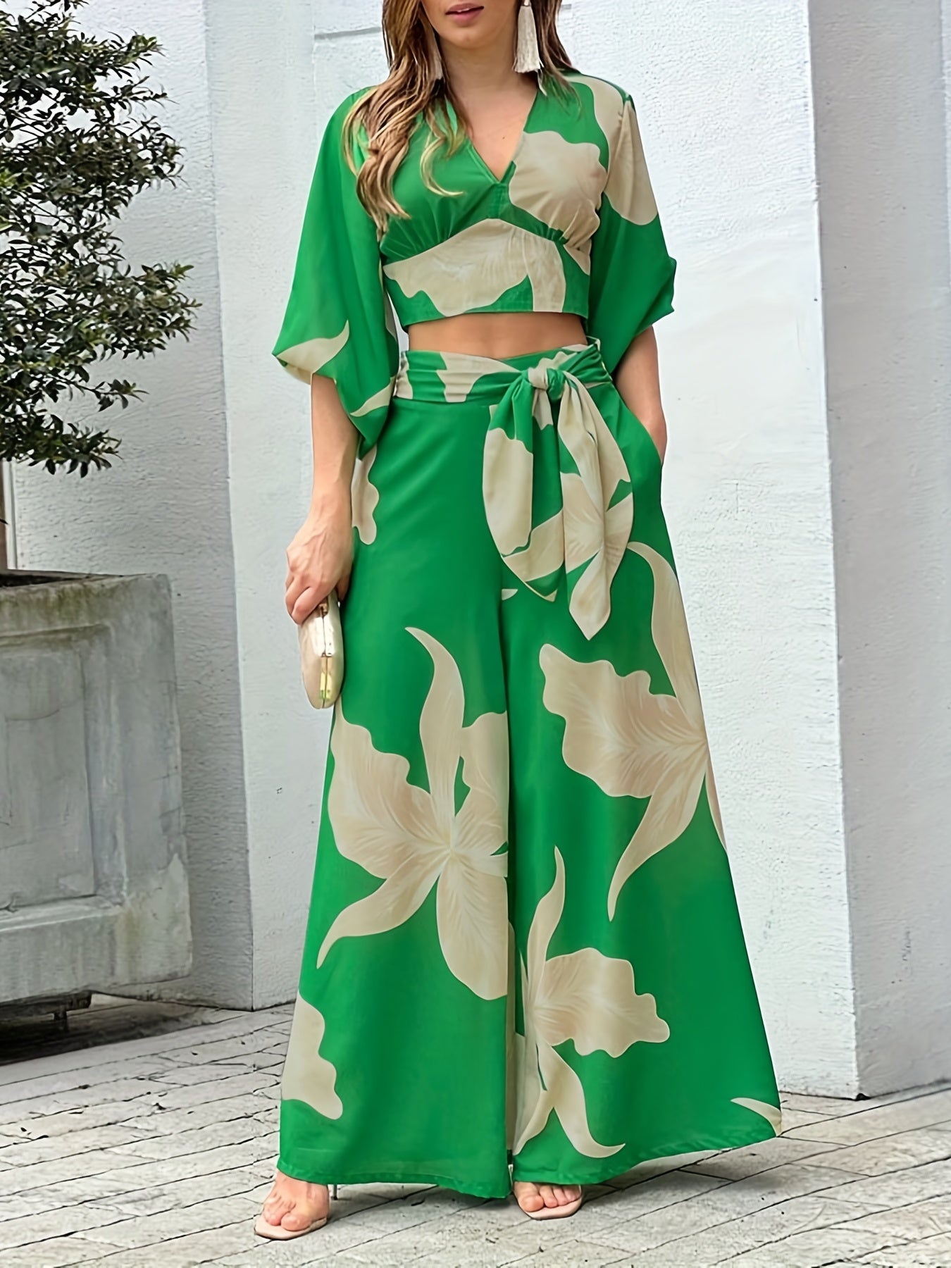 Floral Print V-neck Lace Up Suit, High Waist Wide Leg Pants And Lantern Sleeve V-neck Top Set, Women's Clothing