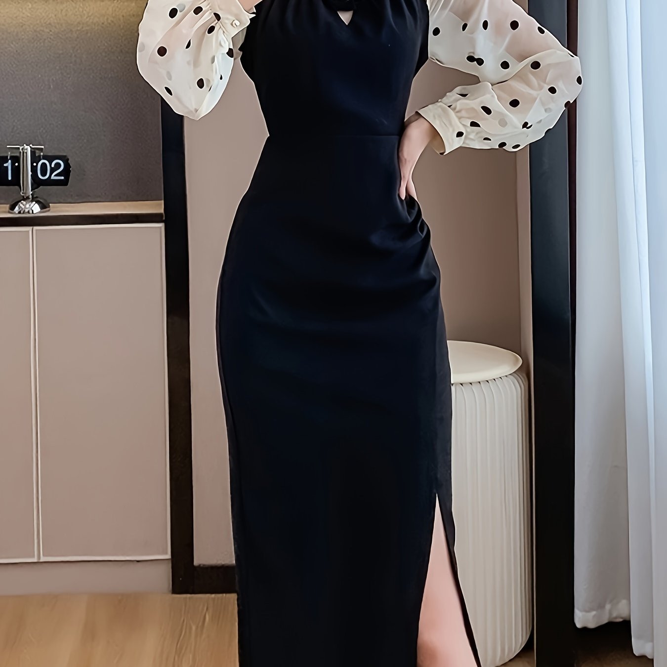 Sixsr Colorblock Contrast Dot Pattern Split Dress, Casual Long Sleeve Bodycon Dress, Women's Clothing