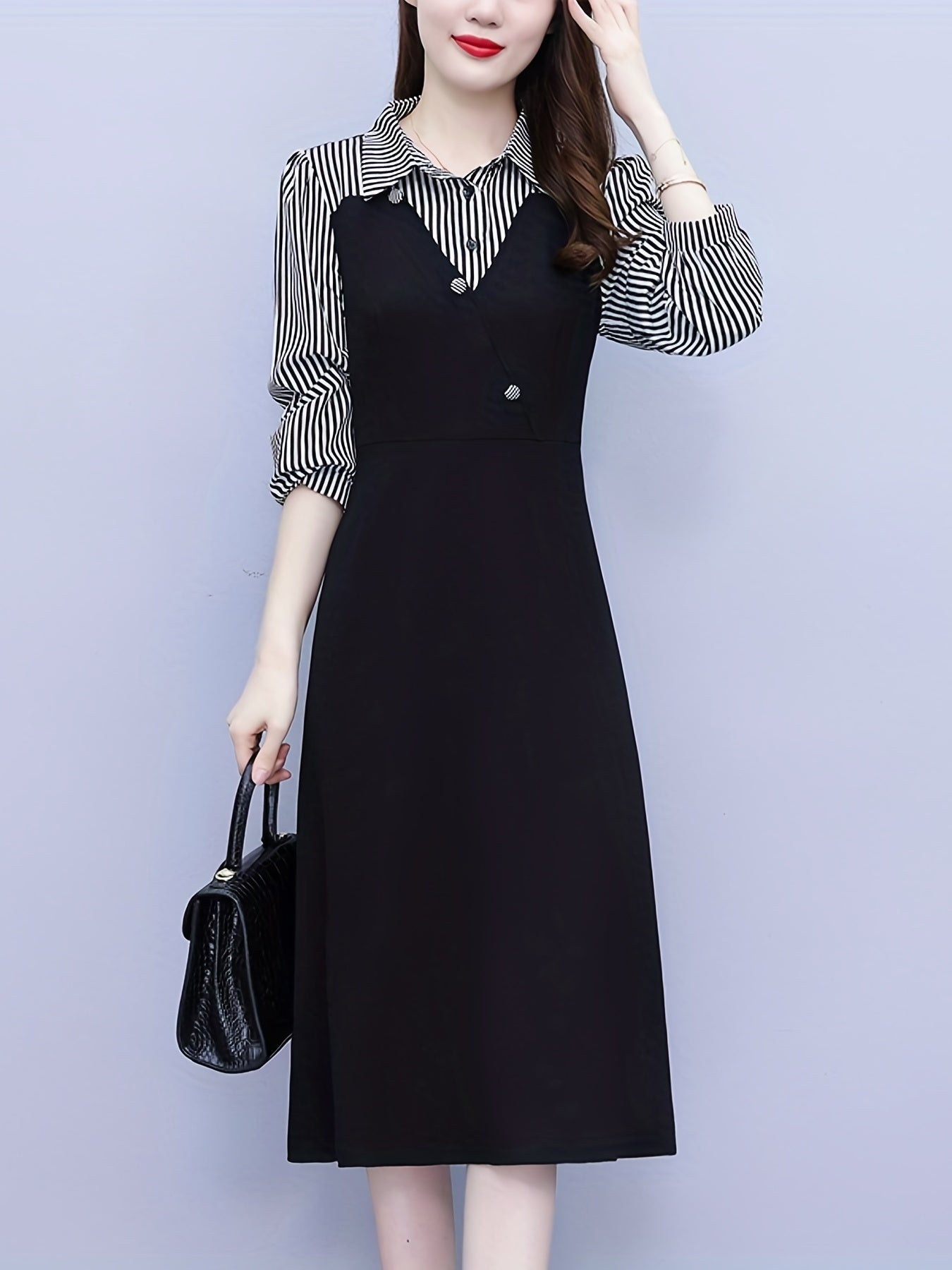 Sixsr Striped Print Splicing Dress, Elegant Long Sleeve Midi Dress, Women's Clothing