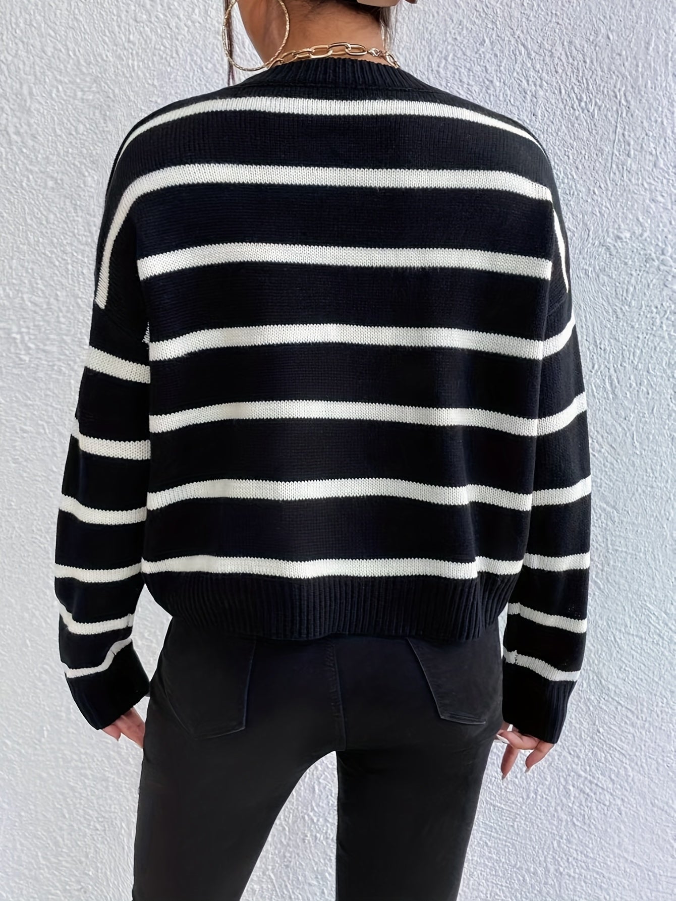 Sixsr Striped Print Drop Shoulder Knit Sweater, Casual Crew Neck Long Sleeve Sweater, Women's Clothing