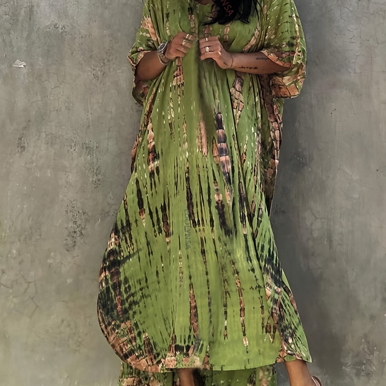 Sixsr V Neck Oversized Kaftan Dress, Bohemian Loose Beach Vacation Dress, Women's Clothing
