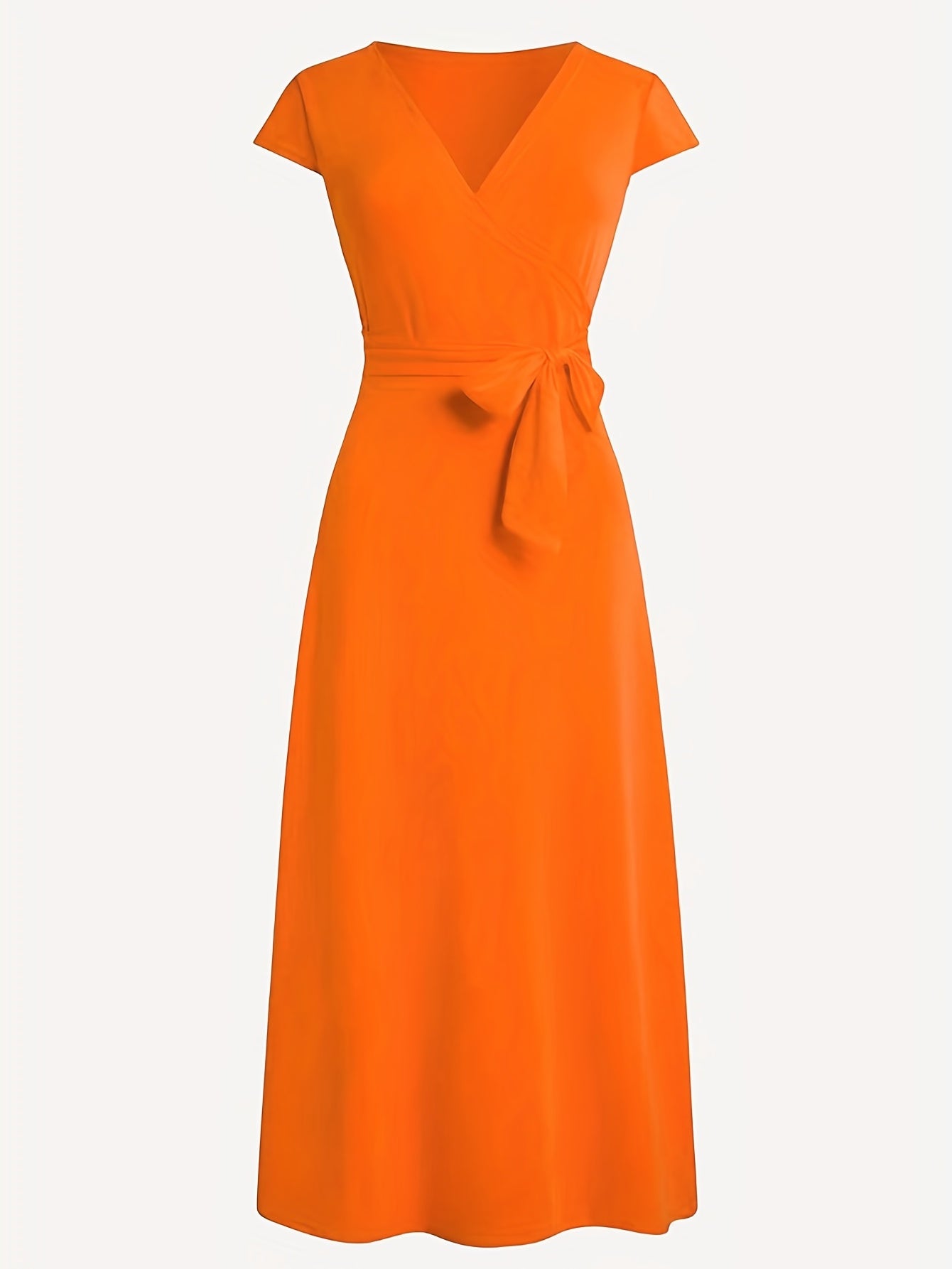 Solid Surplice Neck Maxi Dress, Elegant Belted Short Sleeve Dress For Spring & Summer, Women's Clothing