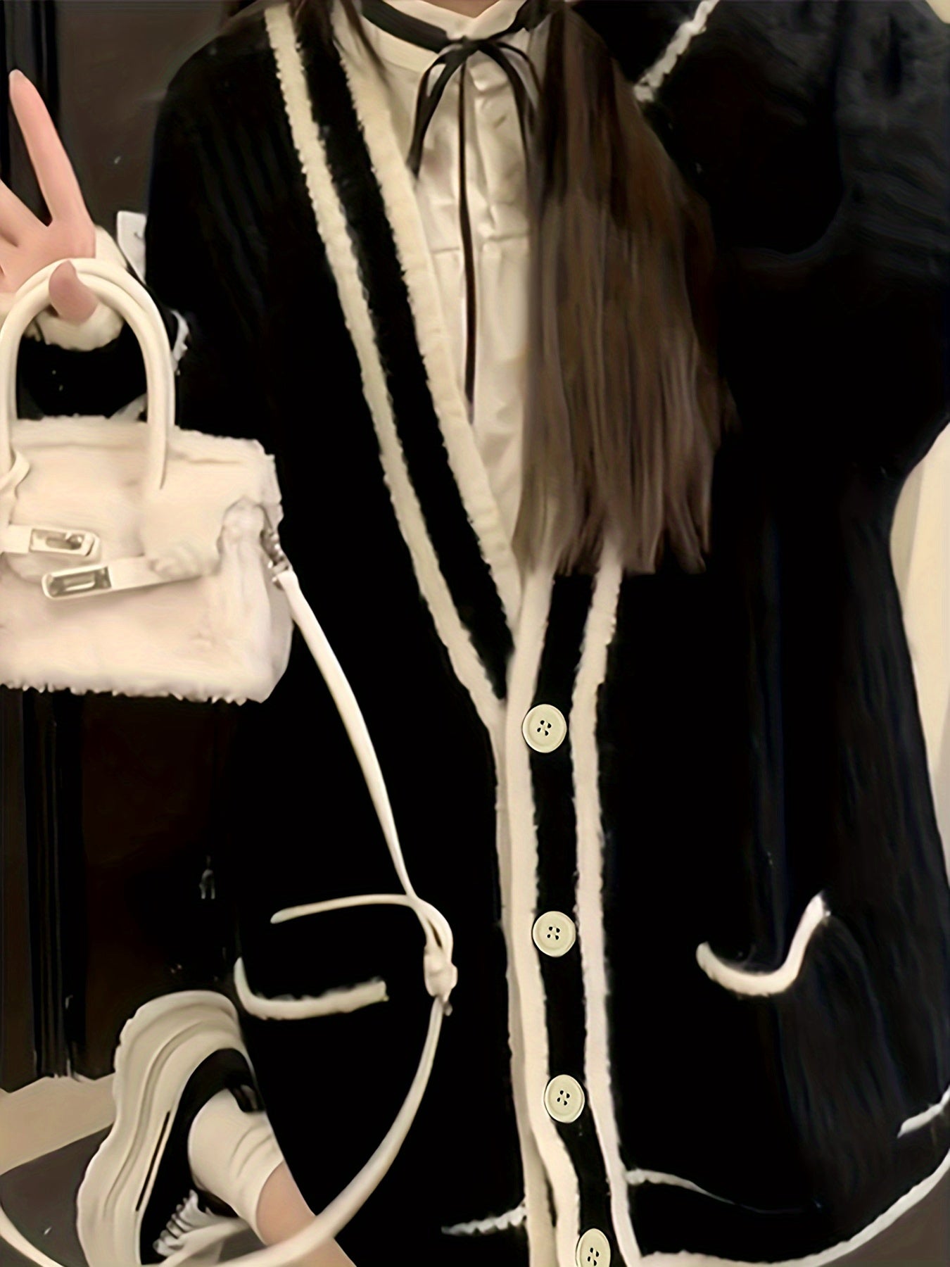 Sixsr Contrast Trim Botton Up Cardigan, Casual Long Sleeve Pocket Loose Sweater For Fall & Winter, Women's Clothing