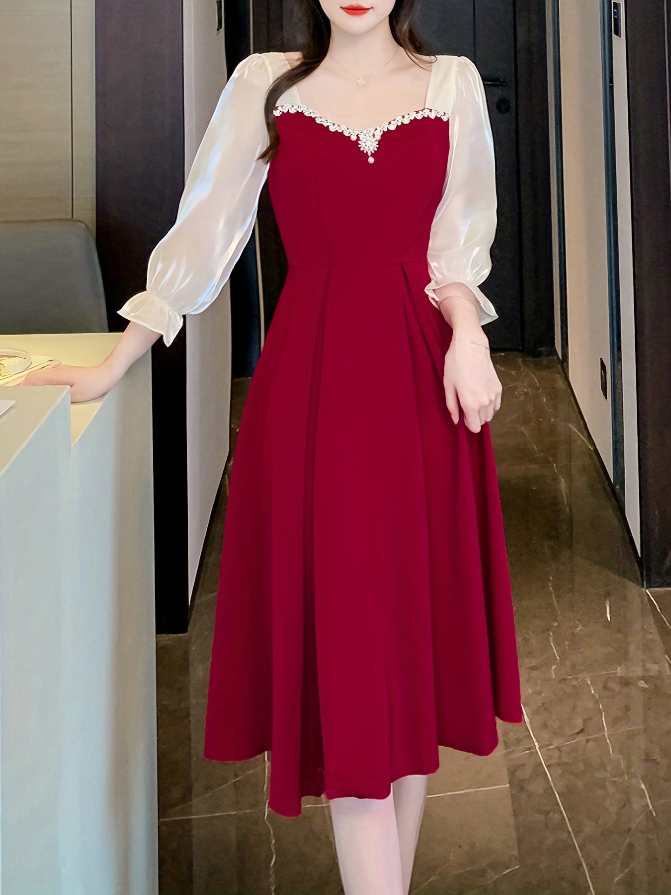 Sixsr Contrast Trim Mesh Lantern Sleeve Dress, Stylish A-line Flared Dress, Women's Clothing