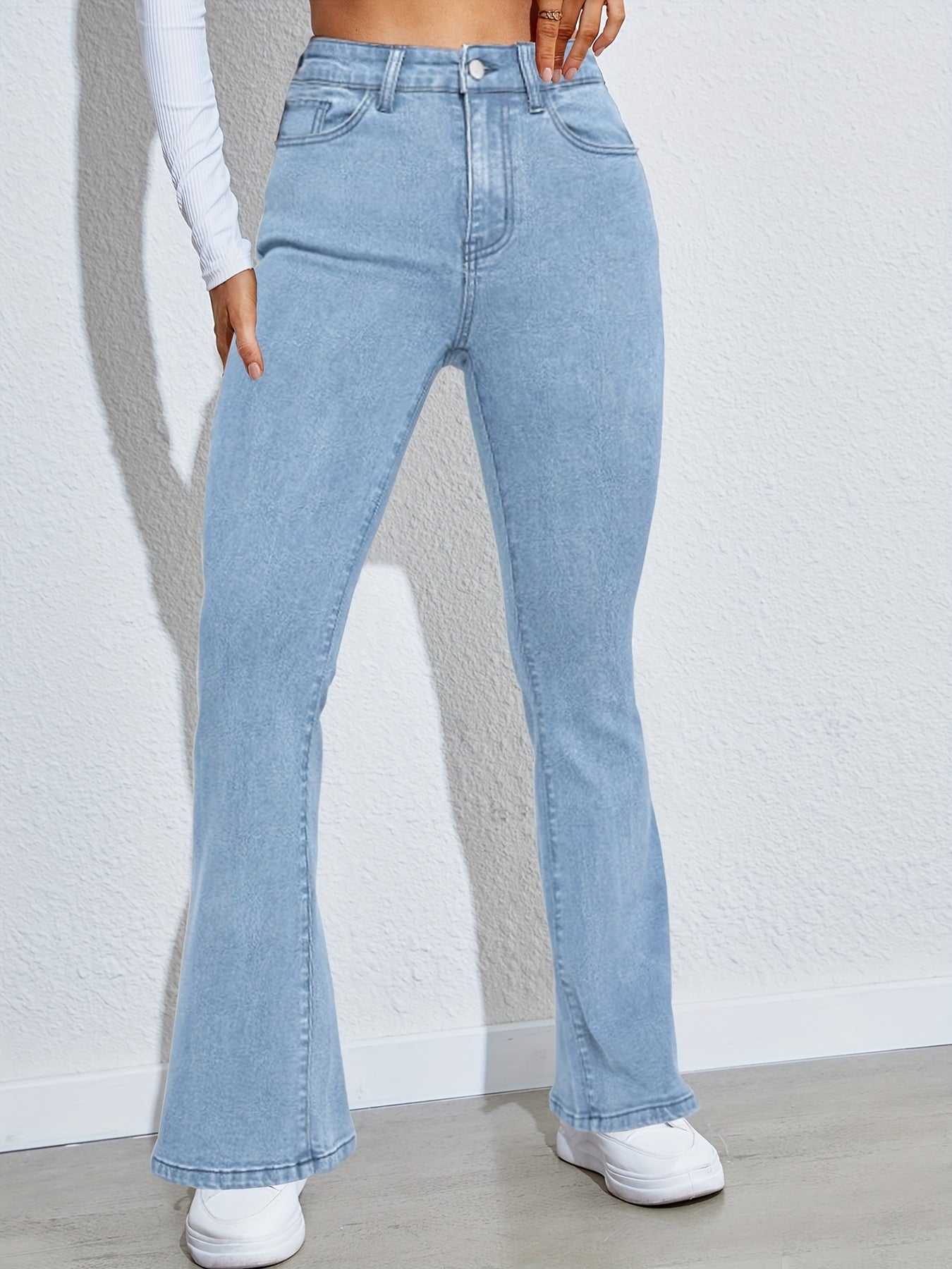 Sixsr High Waist High Strech Light Blue Bootcut Jeans, Zipper Button Closure Flare Leg Causal Denim Pants, Women's Denim Jeans & Clothing