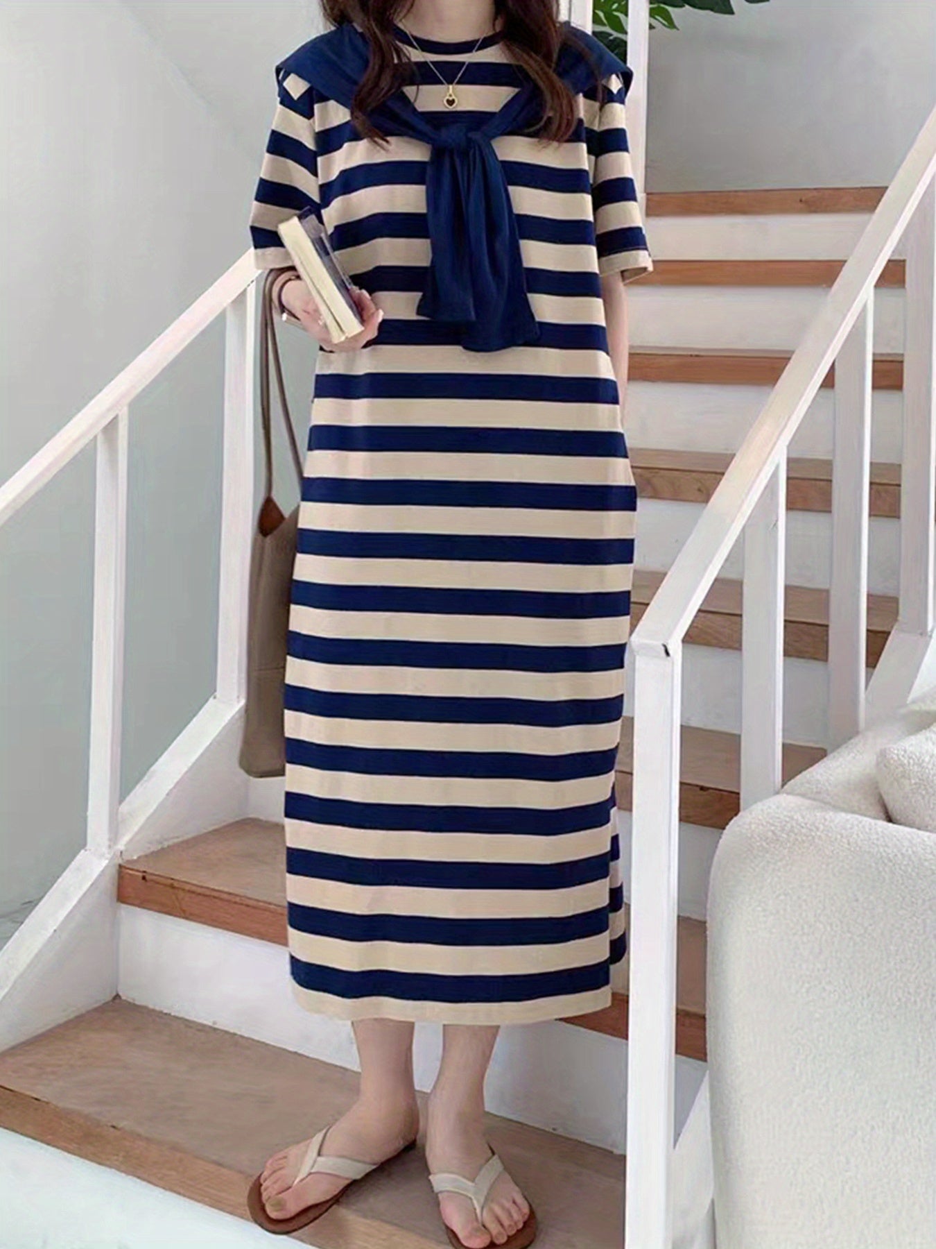 Sixsr Striped Print Crew Neck Dress, Casual Short Sleeve Summer Dress, Women's Clothing