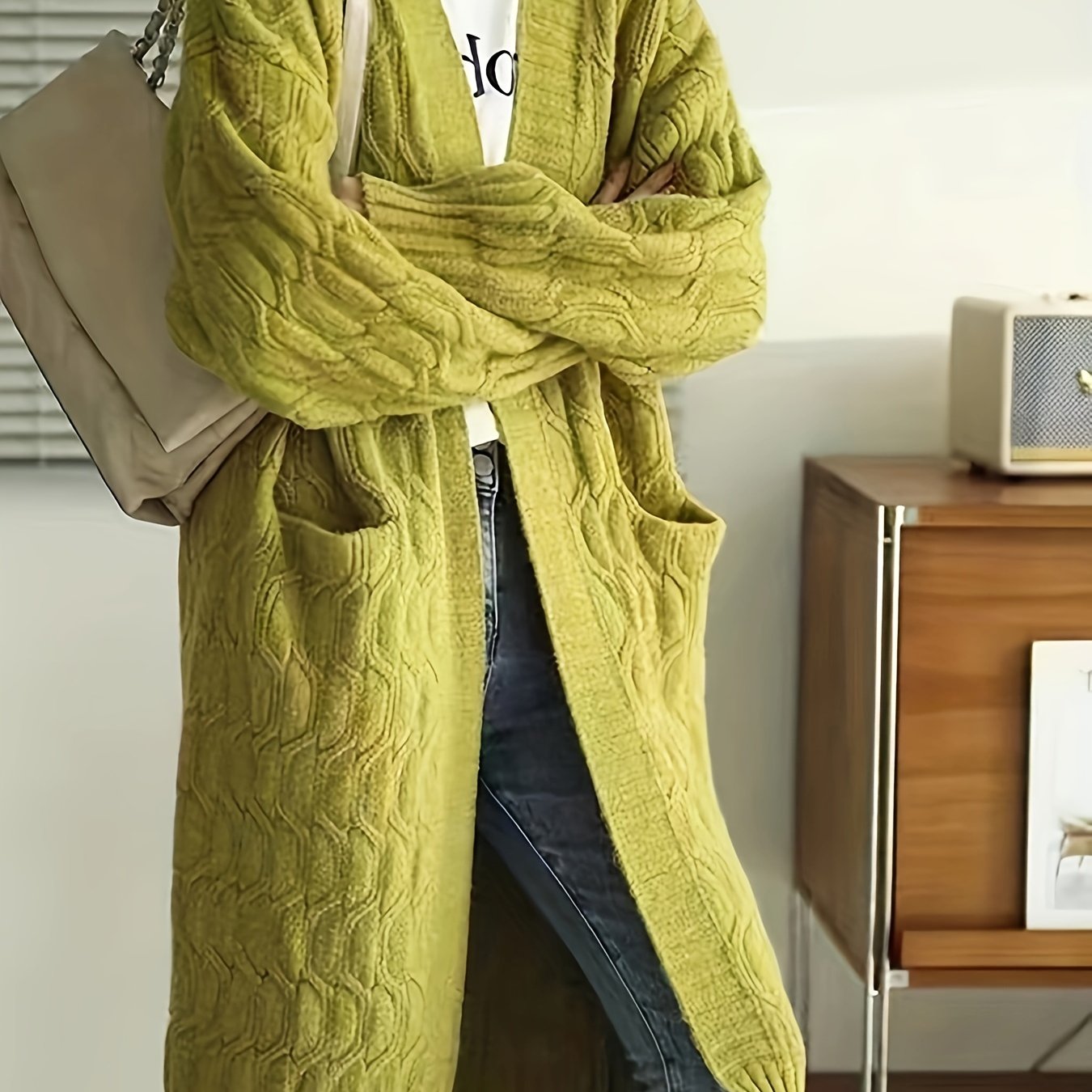 Sixsr Solid Open Front Cable Knit Cardigan, Casual Long Sleeve Warm Sweater Coat With Pocket, Women's Clothing