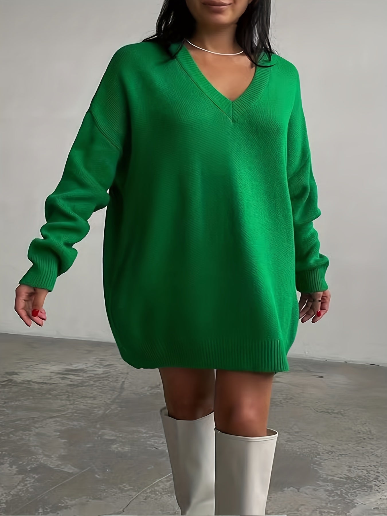 Sixsr Plus Size Casual Sweater, Women's Plus Solid Long Sleeve V Neck Oversized Sweater