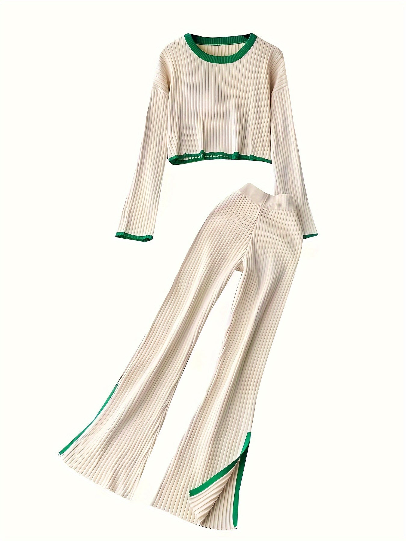 Sixsr Contrast Trim Casual Two-piece Set, Drop Shoulder Long Sleeve Tops & Split Wide Leg Pants Outfits, Women's Clothing