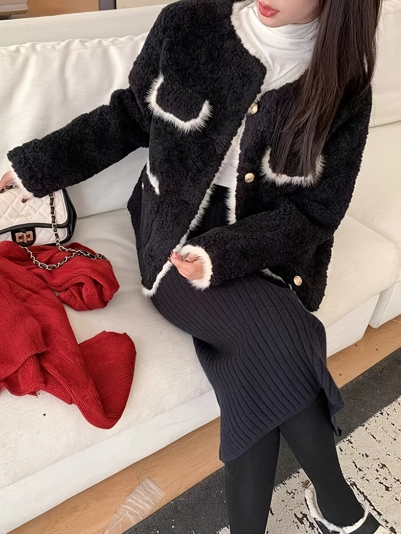 Sixsr Fuzzy Trim Fall & Winter Jacket, Elegant Button Front Long Sleeve Outerwear, Women's Clothing