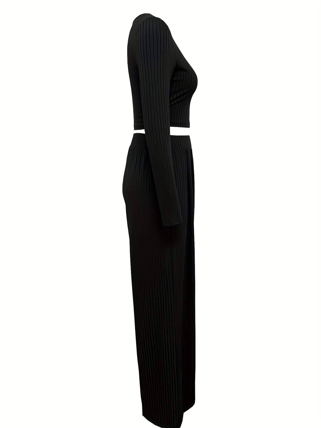 Sixsr Solid Casual Two-piece Set, Crew Neck Long Sleeve Tops & High Waist Wide Leg Pants Outfits, Women's Clothing