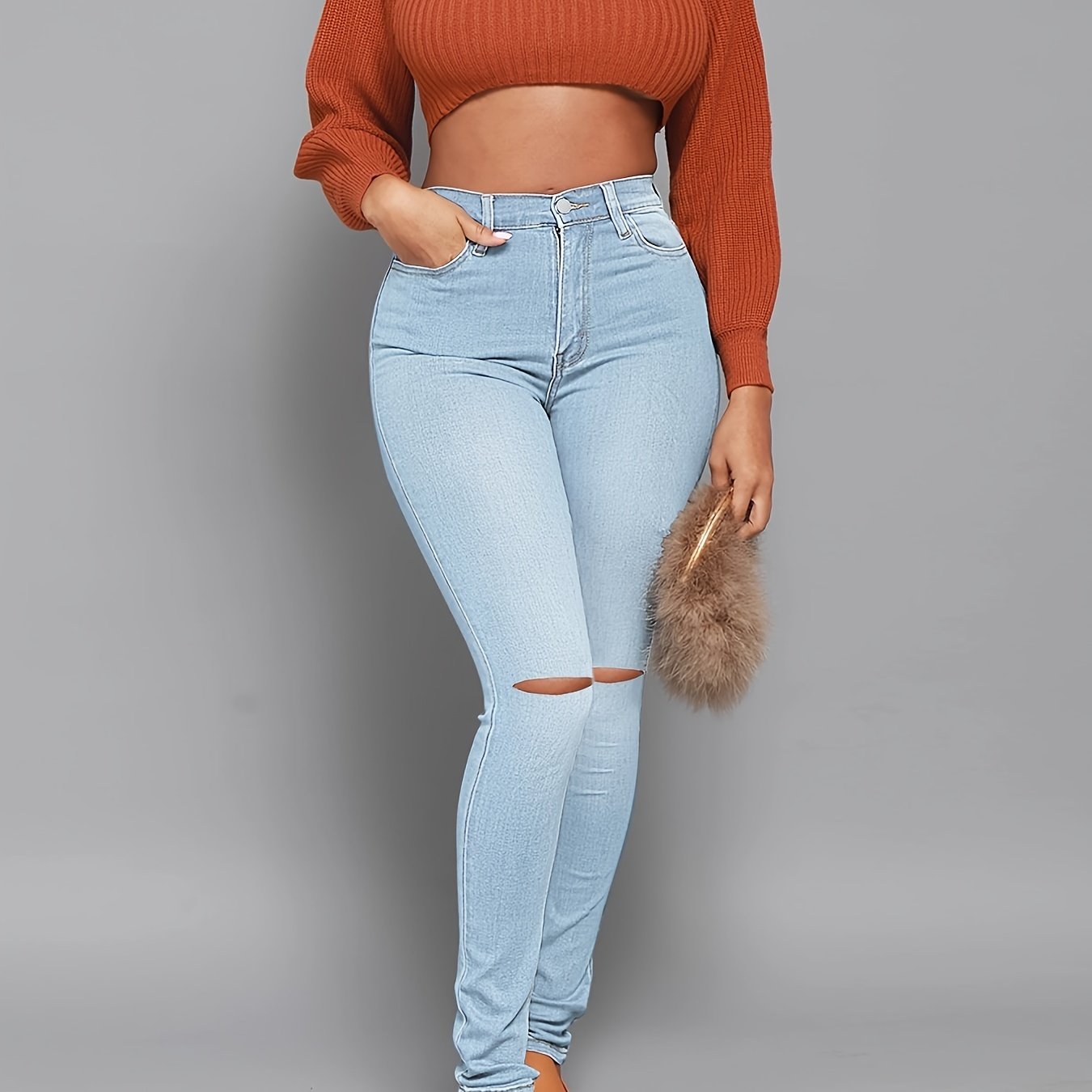 Sixsr High Rise Ripped Skinny Jeans, High Waist Curvy Distressed Long Stacked Hem Denim Pants, Women's Denim & Clothing