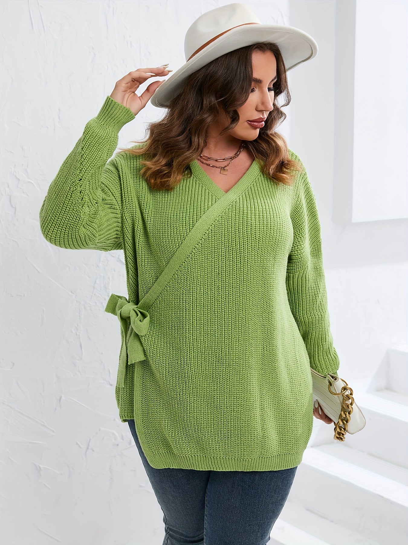 Sixsr Plus Size V Neck Rib Knit Belted Wrap Sweater, Women's Plus Slight Stretch Casual Sweater