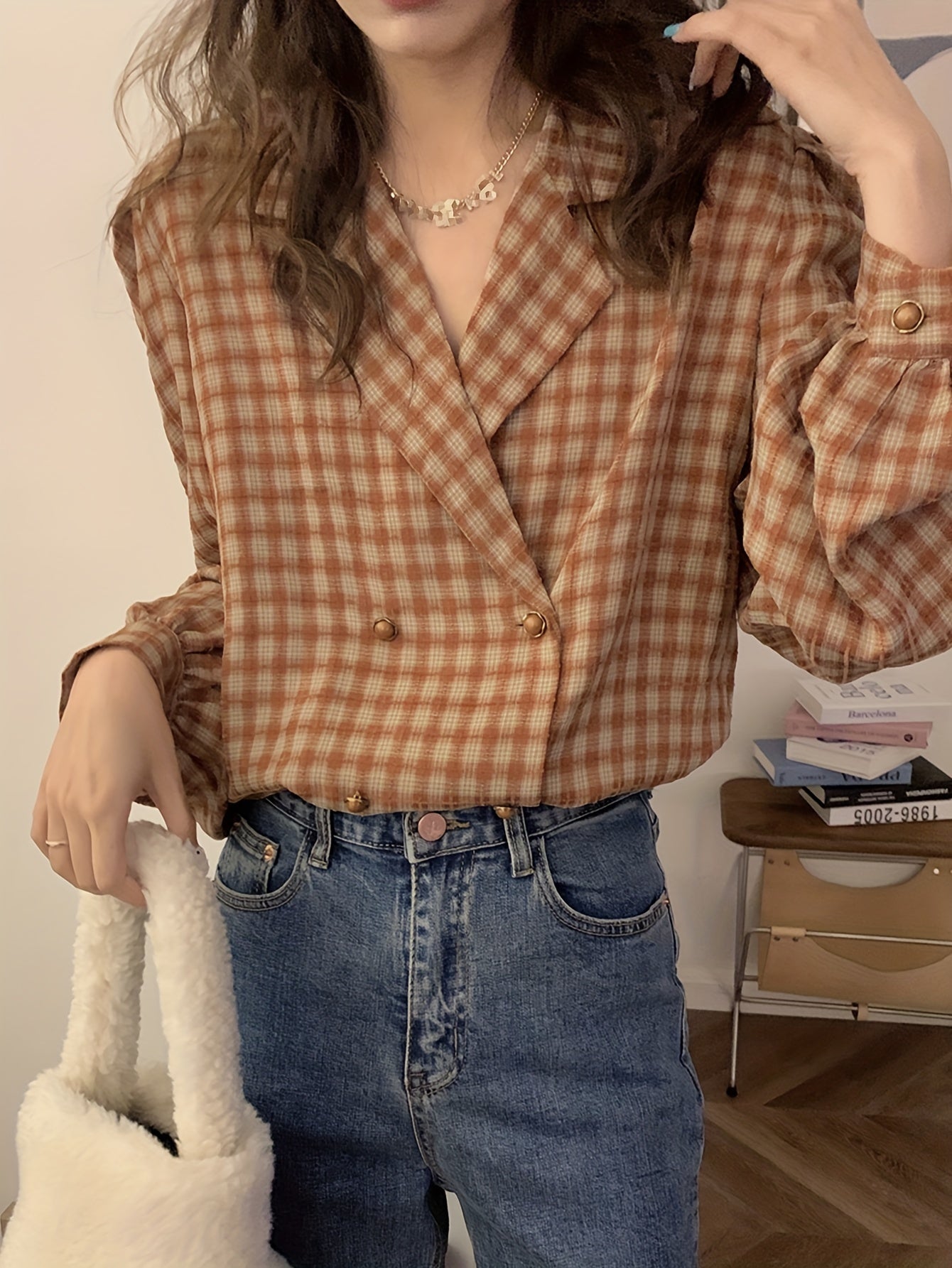 Sixsr Plaid Print Double-breasted Blouse, Elegant Puff Sleeve Notch Collar Blouse, Women's Clothing