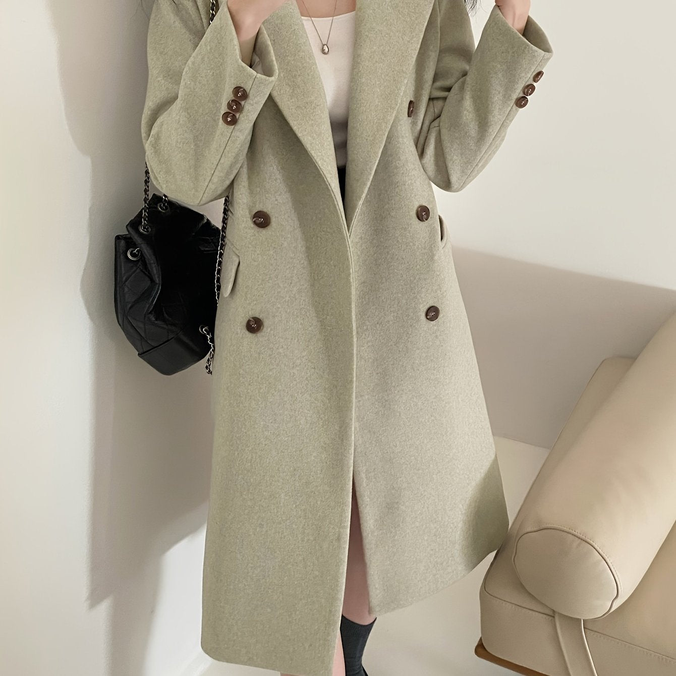 Sixsr Solid Color Double-breasted Coat, Casual Long Sleeve Lapel Coat For Fall & Winter, Women's Clothing