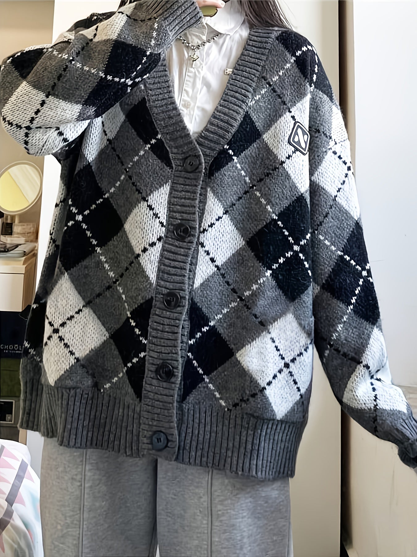 Sixsr Plaid Button Down Knit Cardigan, Preppy Long Sleeve Loose Sweater With Pocket, Women's Clothing
