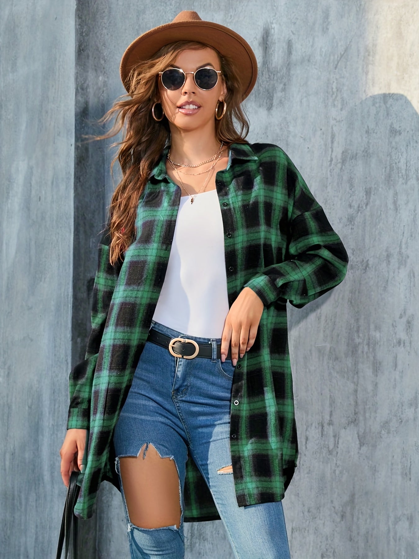 Sixsr Plus Size Casual Coat, Women's Plus Plaid Print Long Sleeve Polo Neck Button Up Shirt Coat