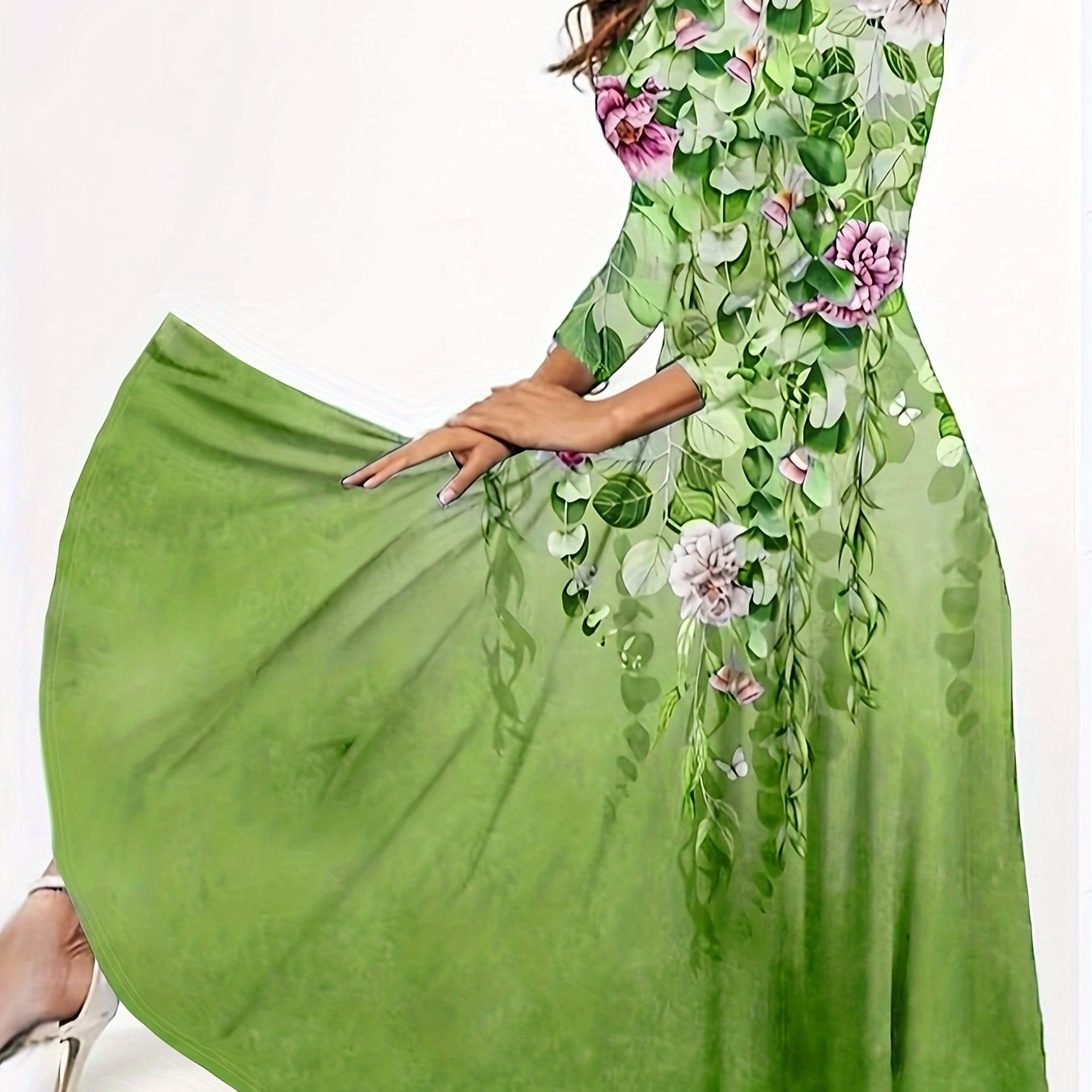 Sixsr Vintage Floral Print Dress, Elegant Crew Neck Long Sleeve Dress, Women's Clothing